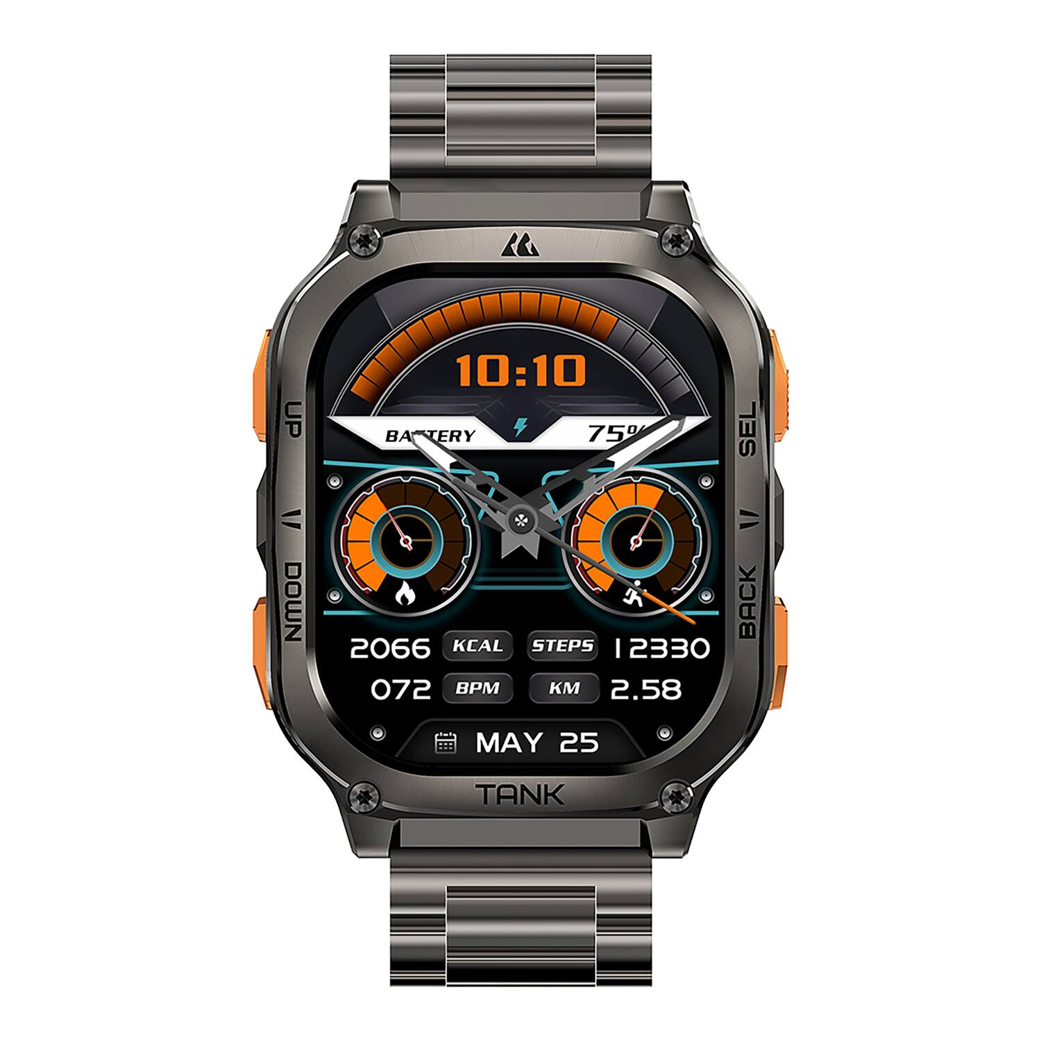 10:10  
BATTERY 75%  
SEL = DOWN = K  
BACK 2066  
KEAL STEPS 12330  
072 BPM  
2.58 KM  
MAY 25  
TANK