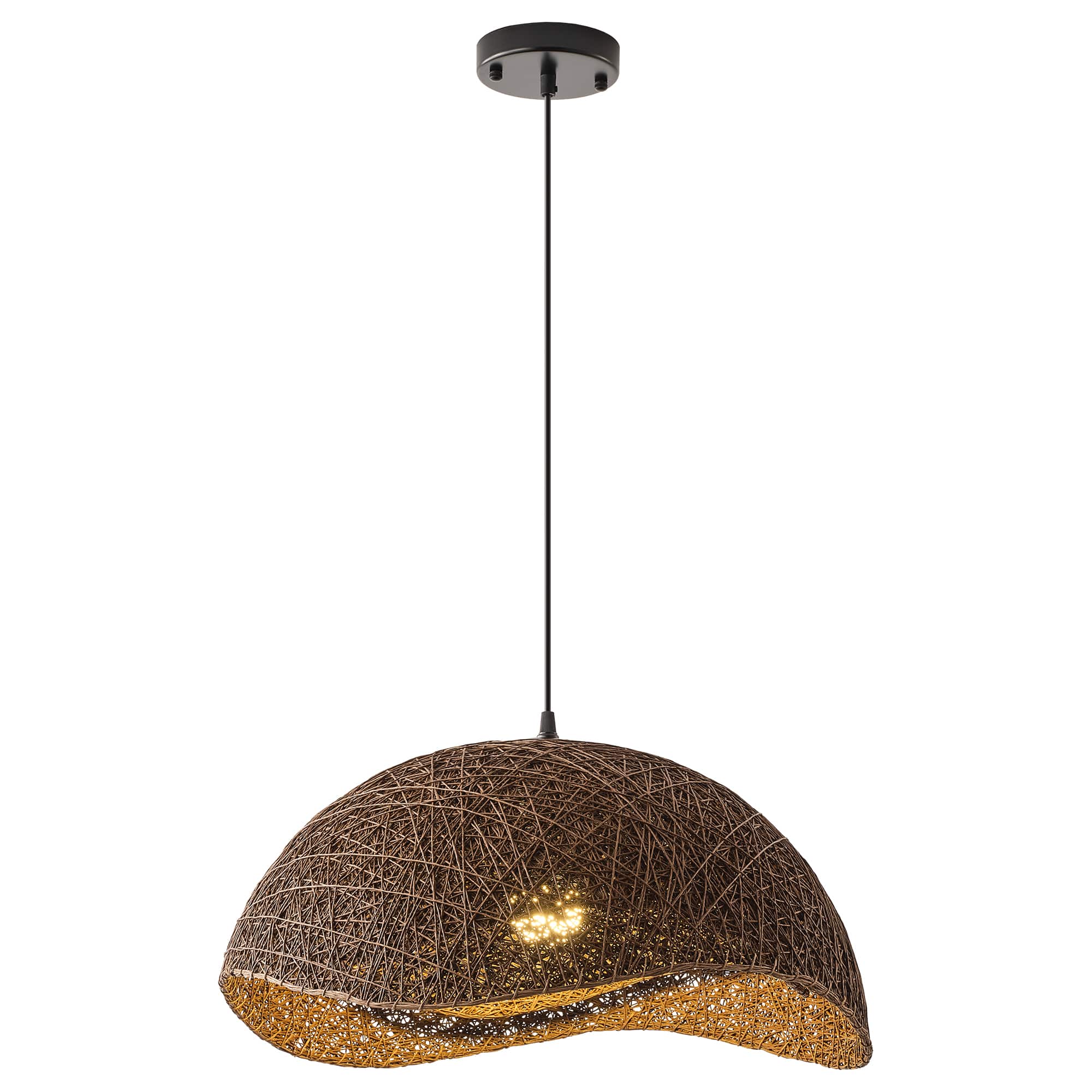 Vaczon - Bird’s Nest Rattan Pendant Light Wavy Edge Woven Design, Adjustable Cord, Contemporary Pendant Lighting for Any Room - Dark Brown