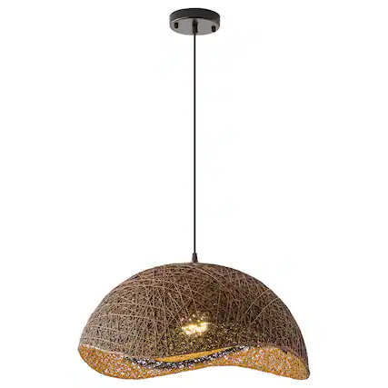 Front. Vaczon - Bird’s Nest Rattan Pendant Light Wavy Edge Woven Design, Adjustable Cord, Contemporary Pendant Lighting for Any Room - Dark Brown.