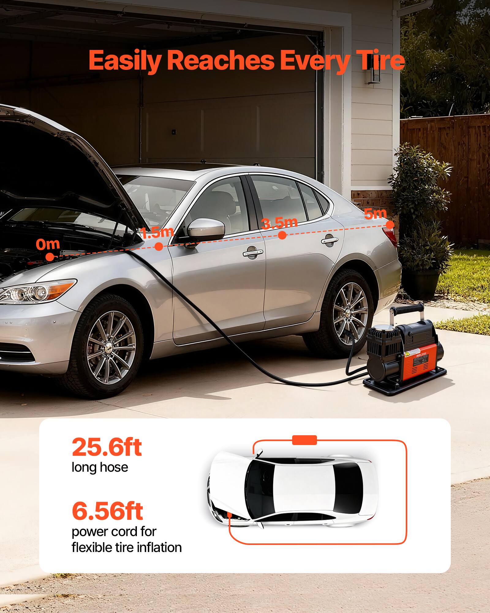 Easily Reaches Every Tire  
1.5m - 5m  
25.6ft long hose  
6.56ft power cord for flexible tire inflation