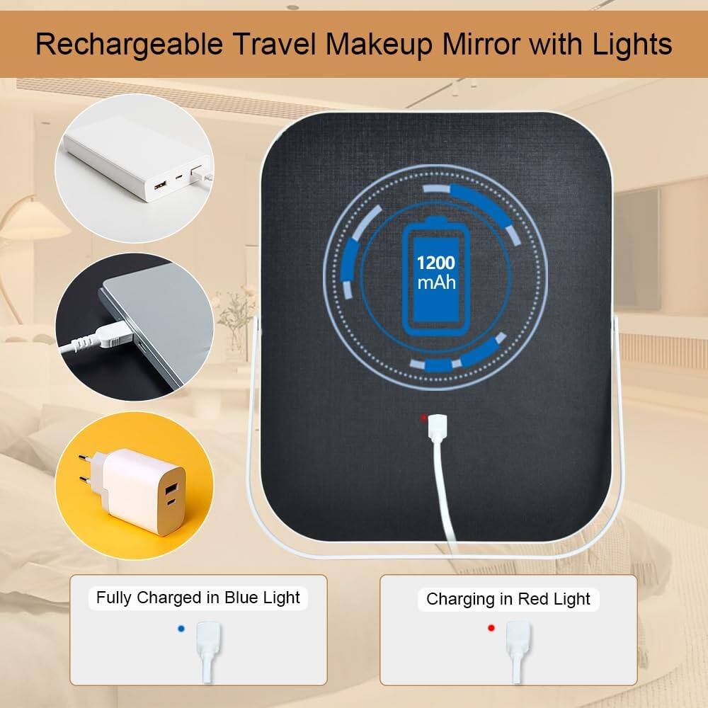 Rechargeable Travel Makeup Mirror with Lights

1200 mAh

Fully Charged in Blue Light

Charging in Red Light