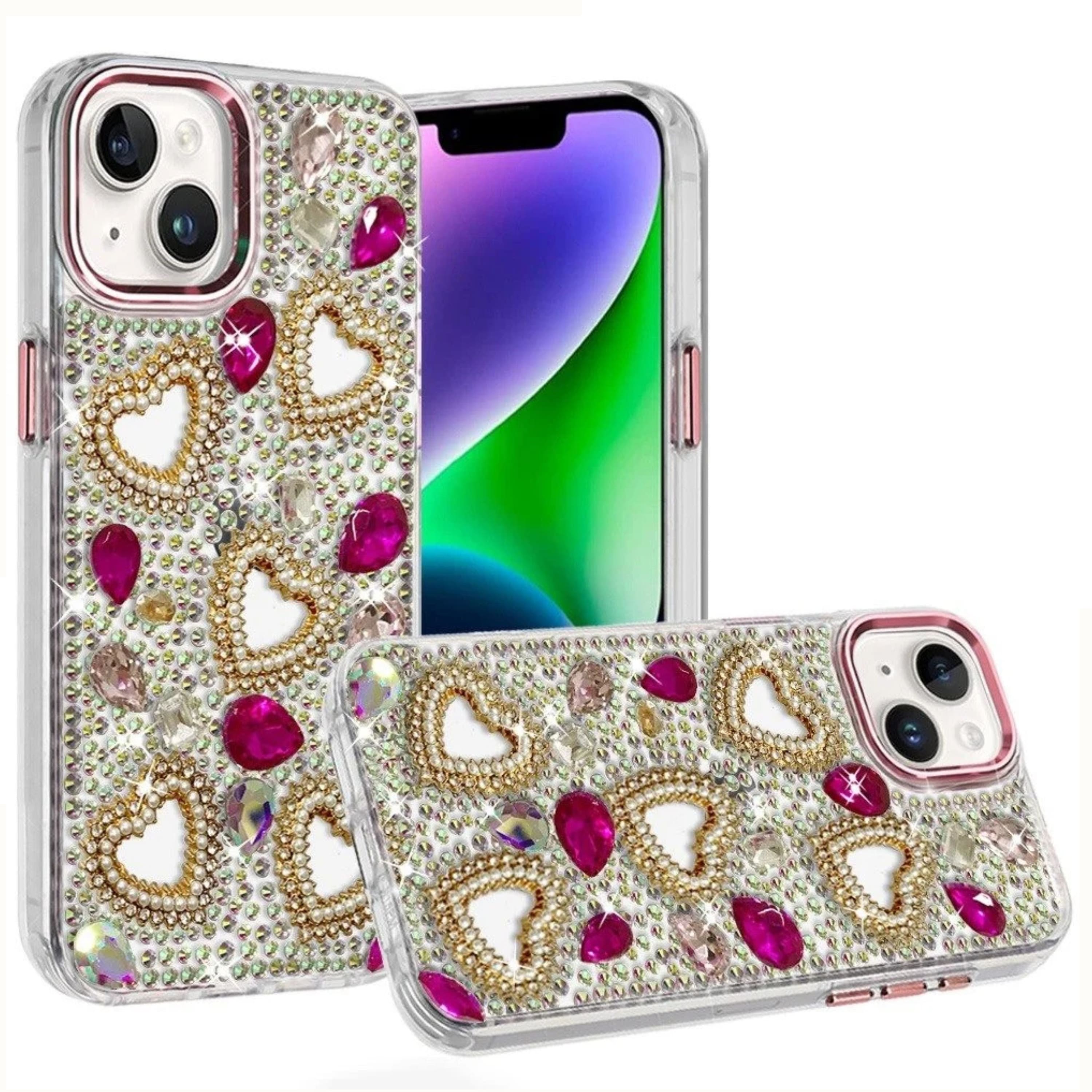 Kitcheniva - Full Bling Heart Rhinestone Case With Tempered Glass For iPhone 13 14 - Hot Pink price history on PriceWatchPro