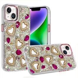 Kitcheniva - Full Bling Heart Rhinestone Case With Tempered Glass For iPhone 13 14 - Hot Pink