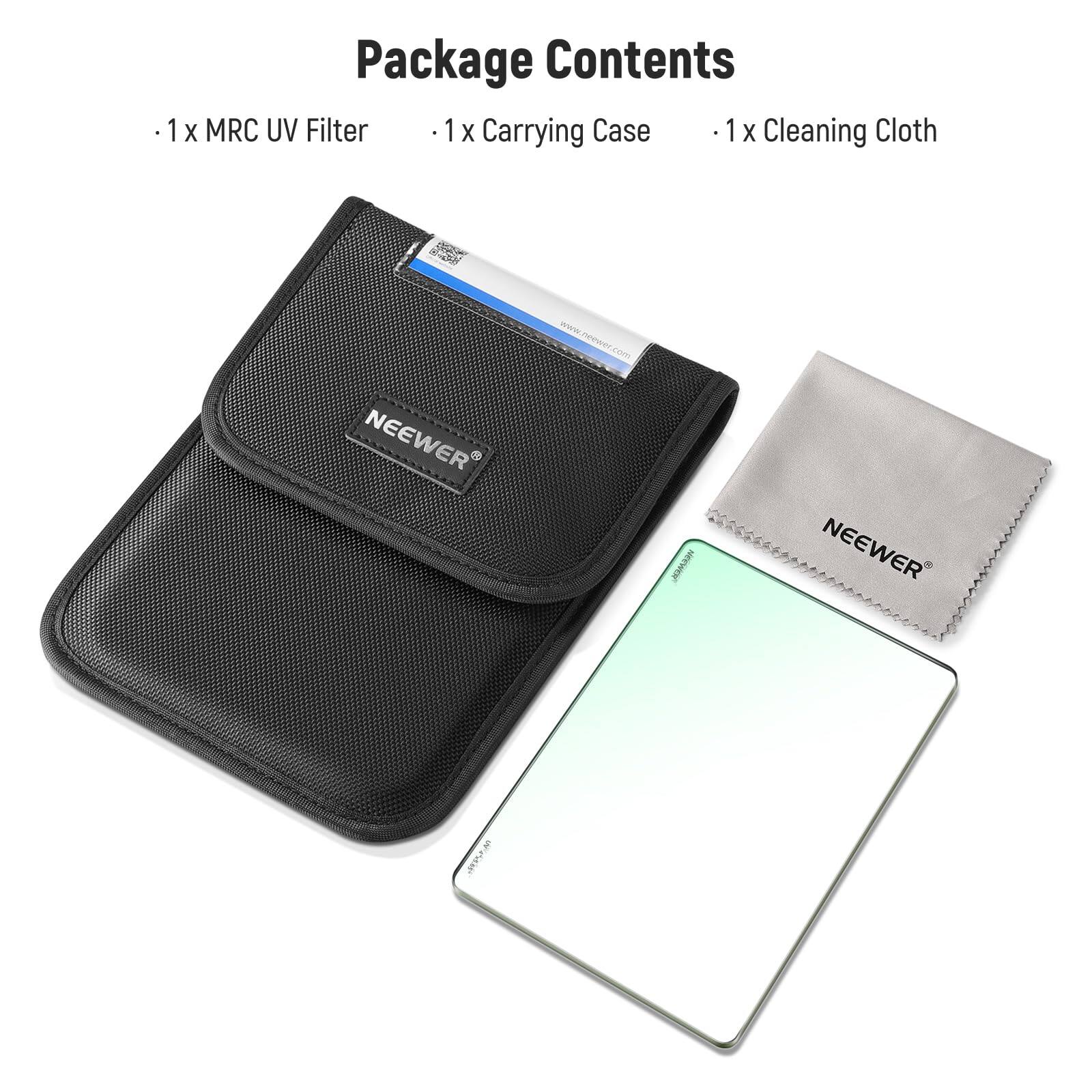 Package Contents

- 1 x MRC UV Filter
- 1 x Carrying Case
- 1 x Cleaning Cloth

NEEWER

www.neewer.com