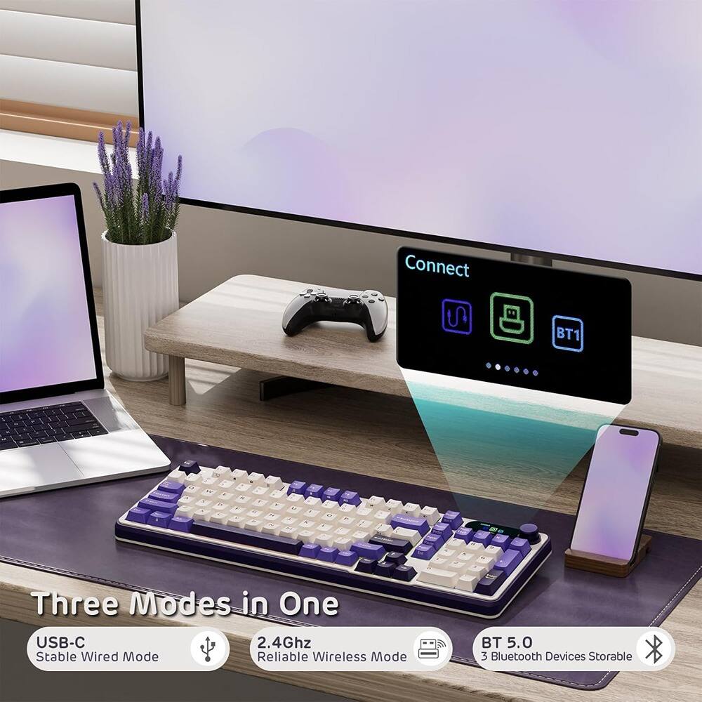 Connect  
BT1

Three Modes in One  
USB-C Stable Wired Mode  
2.4Ghz Reliable Wireless Mode  
BT 5.0 3 Bluetooth Devices Storable