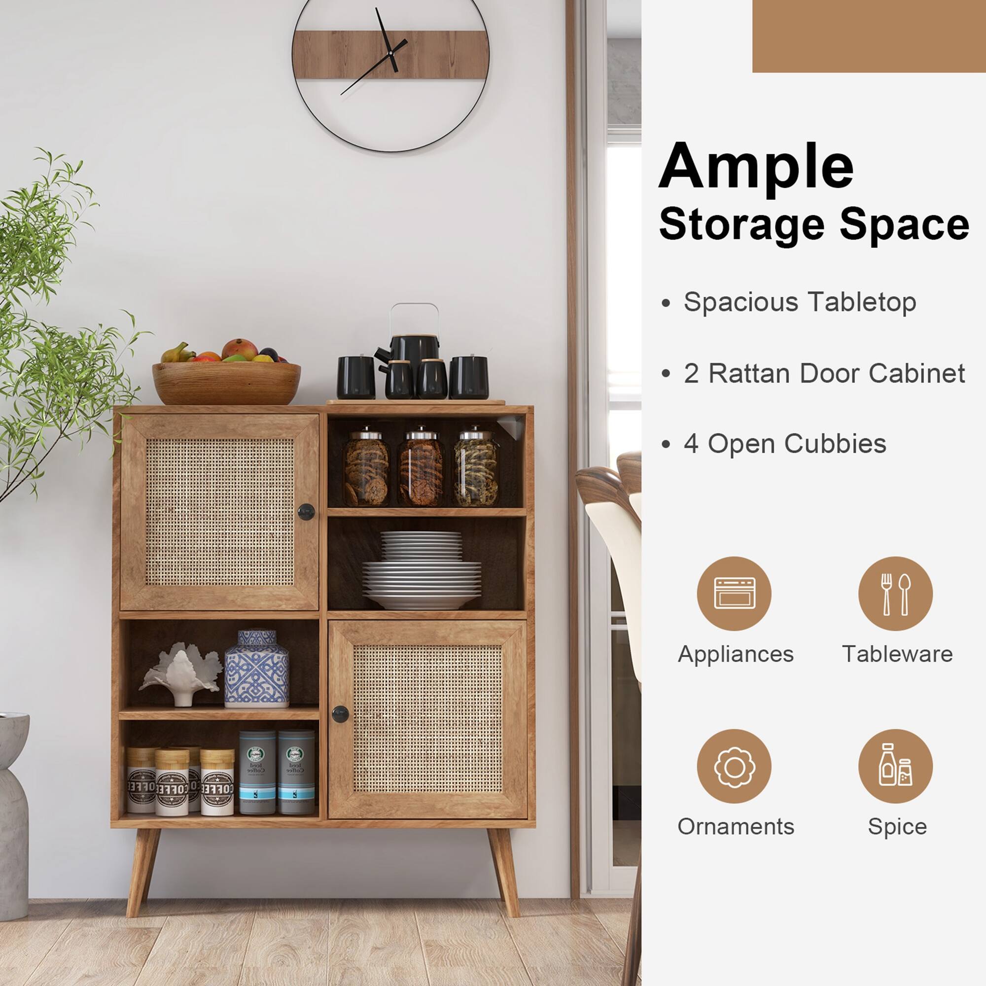 Ample Storage Space Spacious Tabletop 2 Rattan Door Cabinet 4 Open Cubbies Appliances Tableware Ornaments Spice
