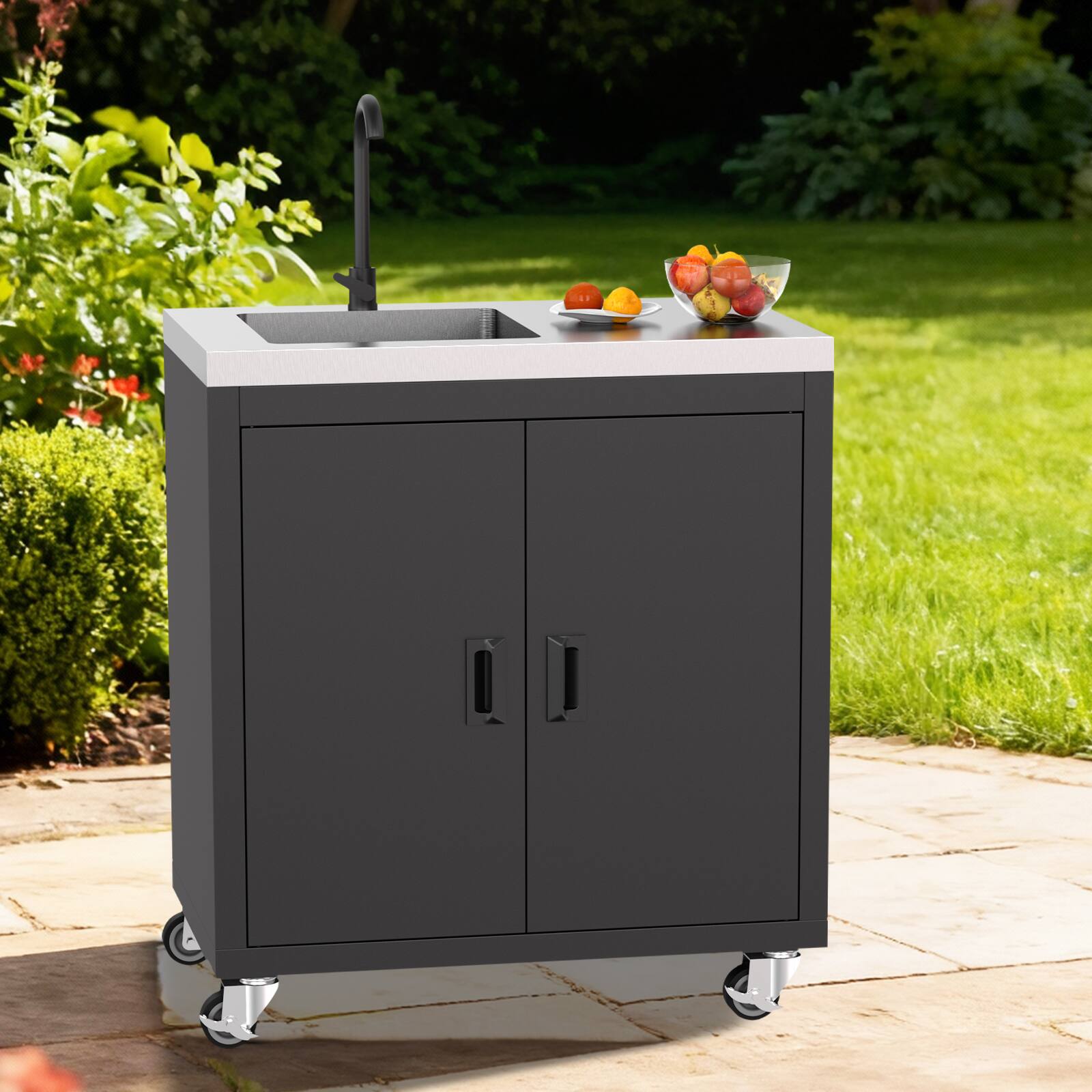 Alt View 3. Winado - Heavy Duty Commercial Mobile Commercial Utility Sink with Double Door Cabinet & Wheels for Restaurant Kitchen Prep Area - Silver & Black.