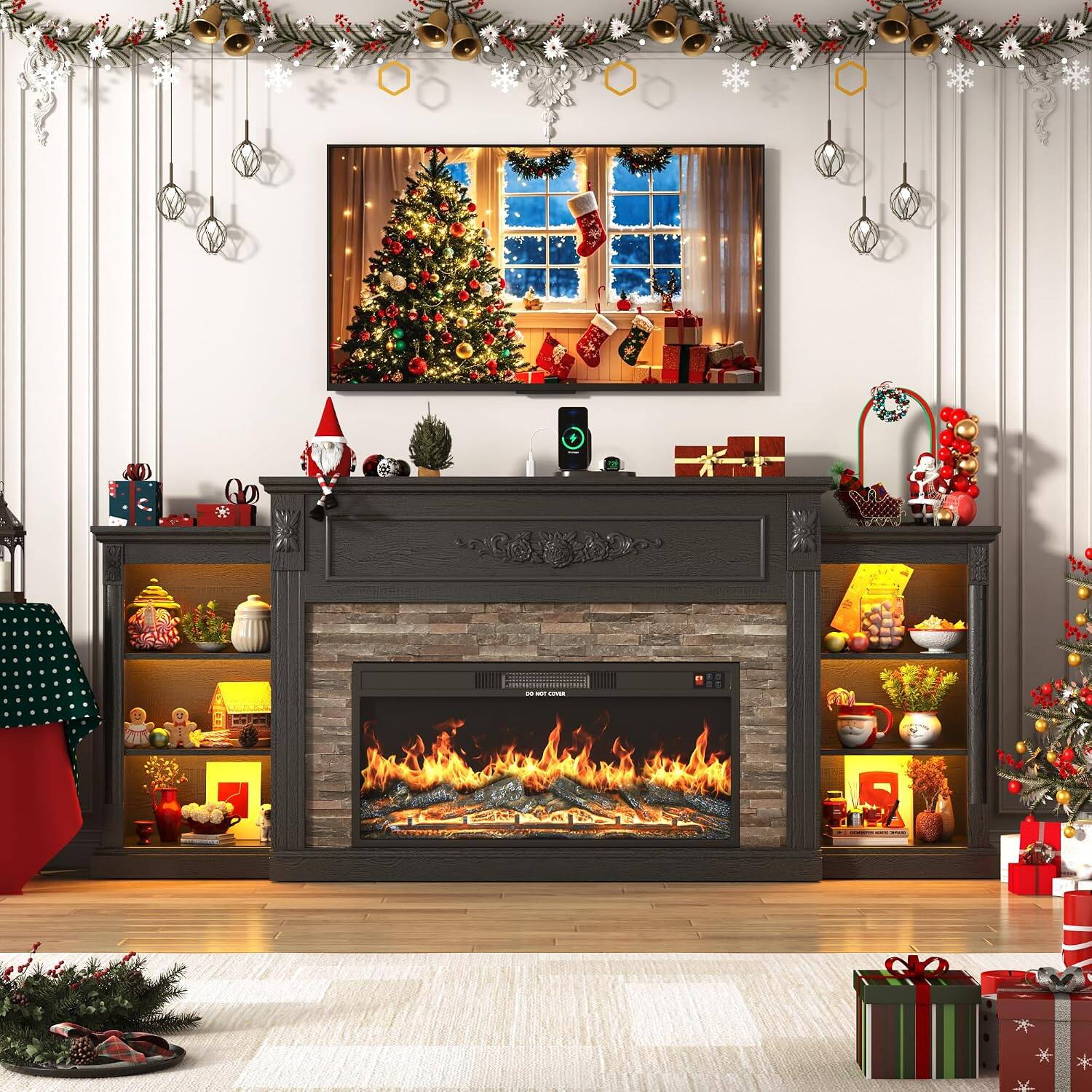 Angle. Espafurni - 85" Electric Fireplace TV Stand, Farmhouse Style w/ Charging Station & LED - Black.