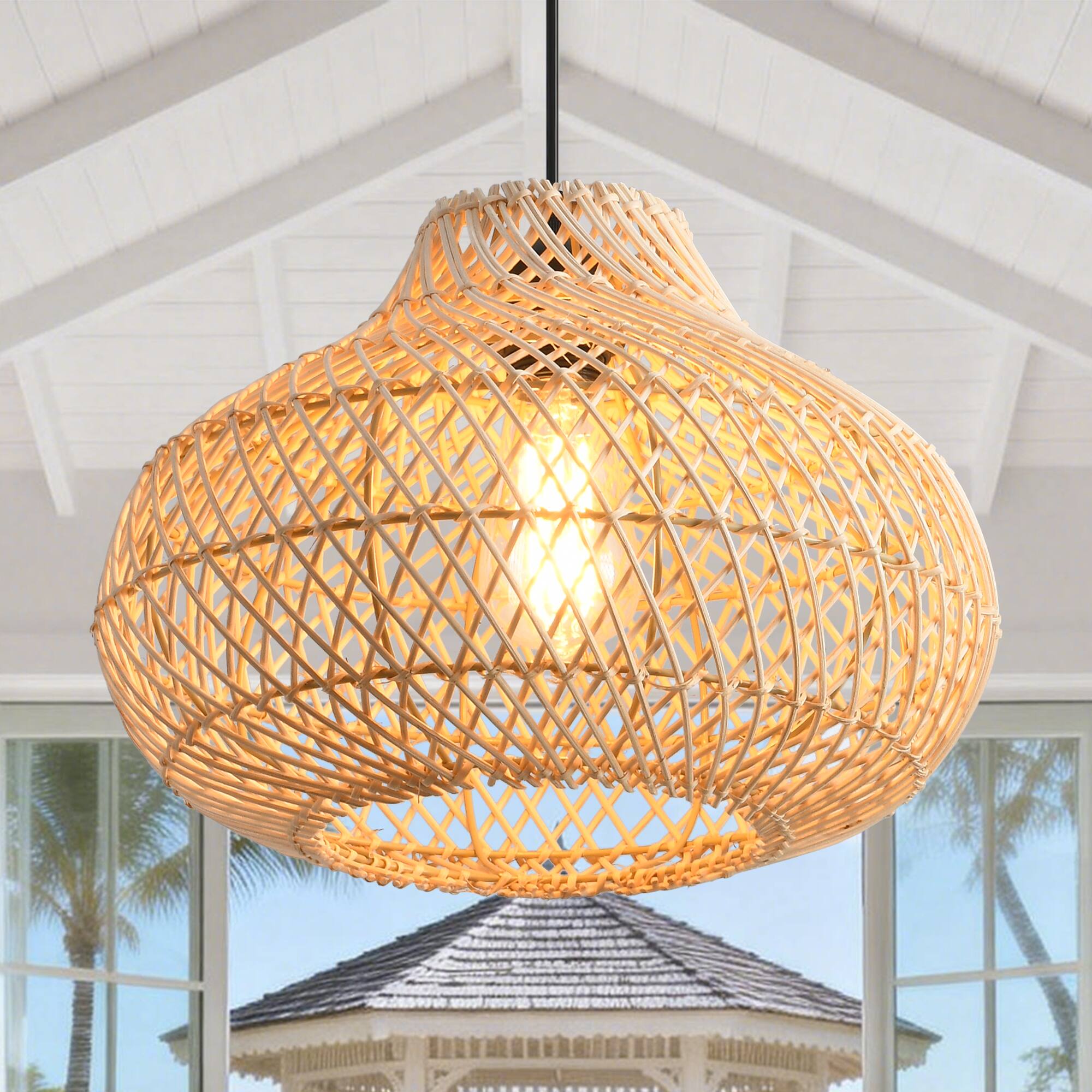 Alt View 2. Parrot Uncle - 1-Light Boho Brown Rattan Hand-Woven Cloche Hanging Basket Pendant Light - Brown.