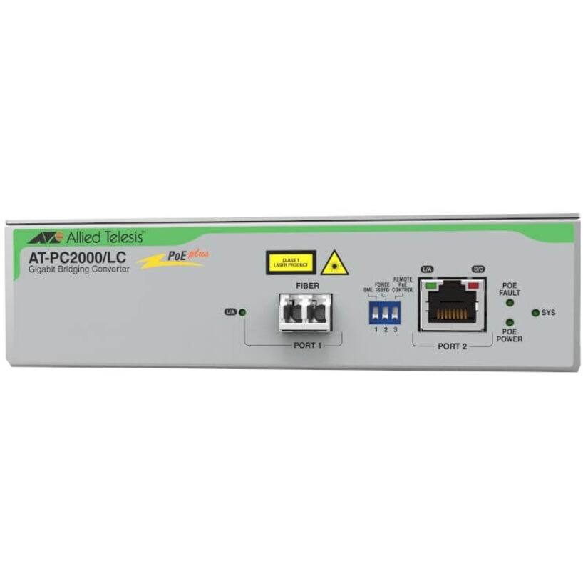 Allied Telesis  
AT-PC2000/LC  
Gigabit Bridging Converter  
PoE Plus  

FIBER  
PORT 1  

REMOTE FORCE  
PORT 2  

POE POWER  
SYS  

LA  
DC  

1 2 3  

POE  
FAULT