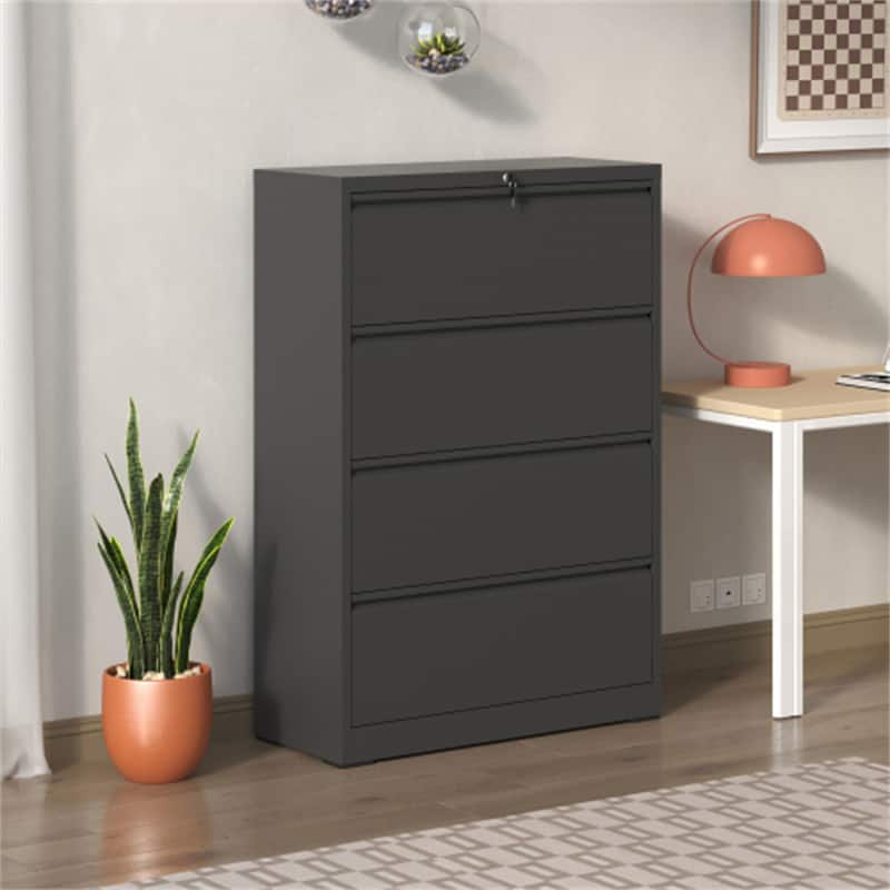 HTUTWOO - Lateral File Cabinet 4 Drawer –Filing Cabinet with Lock,Lockable File Cabinet for Home Office,Locking Metal File Cabinet - Black
