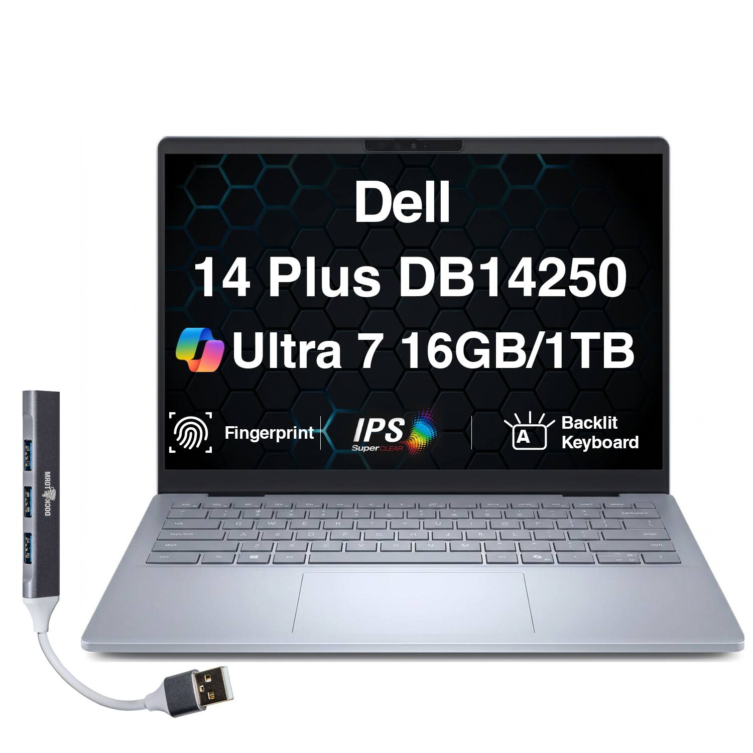Dell - Upgraded - 14 Plus DB14250 Laptop 14.0 WQXGA (Intel Ultra 7-256V, 16GB LPDDR5X, 1TB PCIe SSD, Win 11 Pro) w/USB Hub - Ice Blue