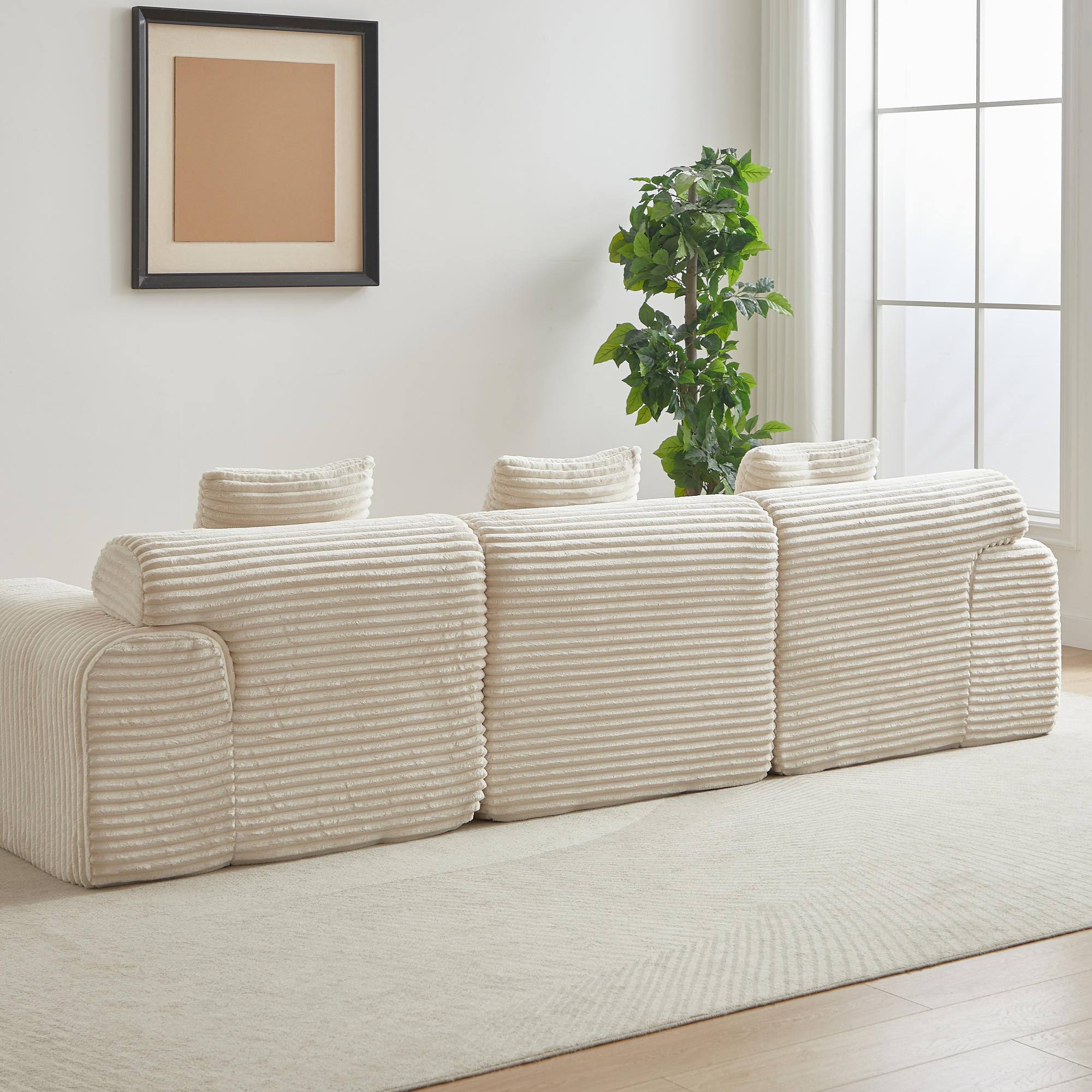 Alt View 9. Meqiodas - Corduroy Modular Sofa Boneless Couch, Featuring an Inlaid Structural Design, Three Throw Pillows, Wider Backrest Design - Beige.