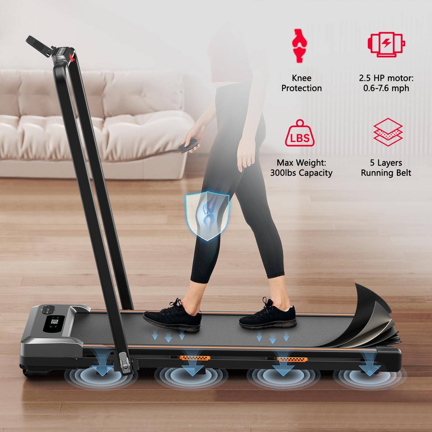 - Knee Protection
- 2.5 HP motor: 0.6-7.6 mph
- Max Weight: 300lbs Capacity
- 5 Layers Running Belt