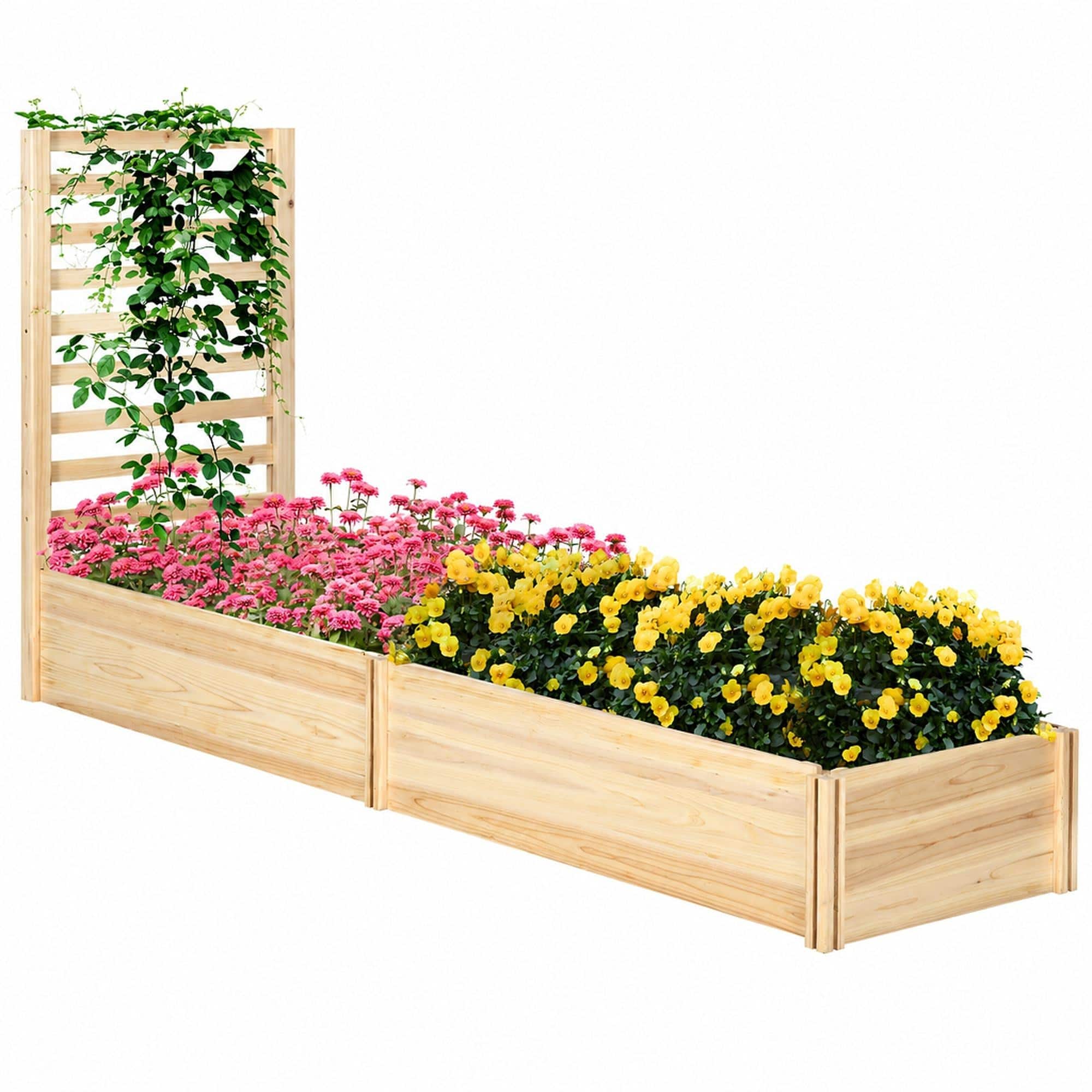 RYHNUYNE - Wooden Raised Garden Bed with Trellis, 43 Inch Fir Wood Planter Box, 2 Compartments for Climbing Plants - Natural
