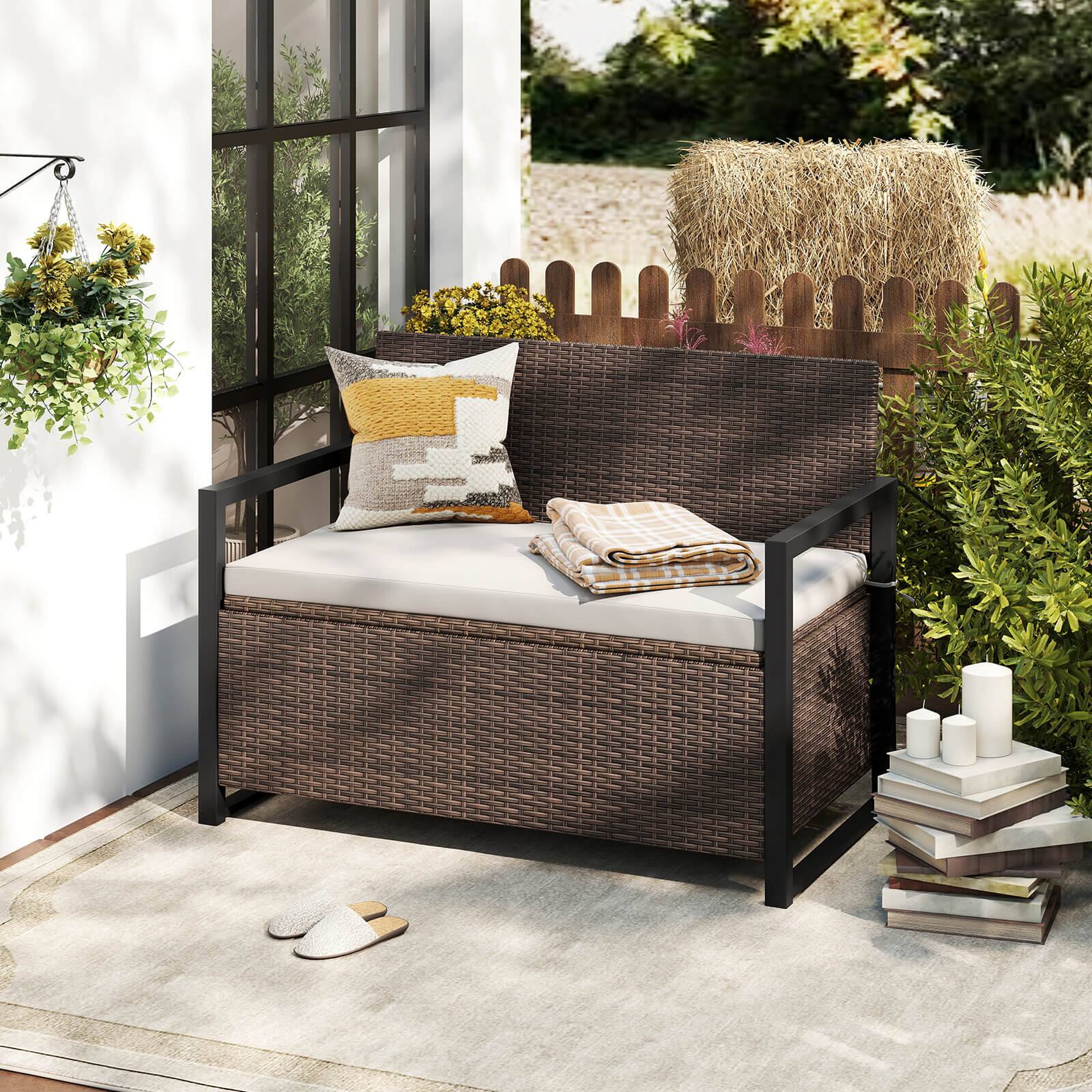 Alt View 3. Costway - Costway Patio Storage Bench Wicker Loveseat with Built-in Storage & Long Seat Cushion - Brown.
