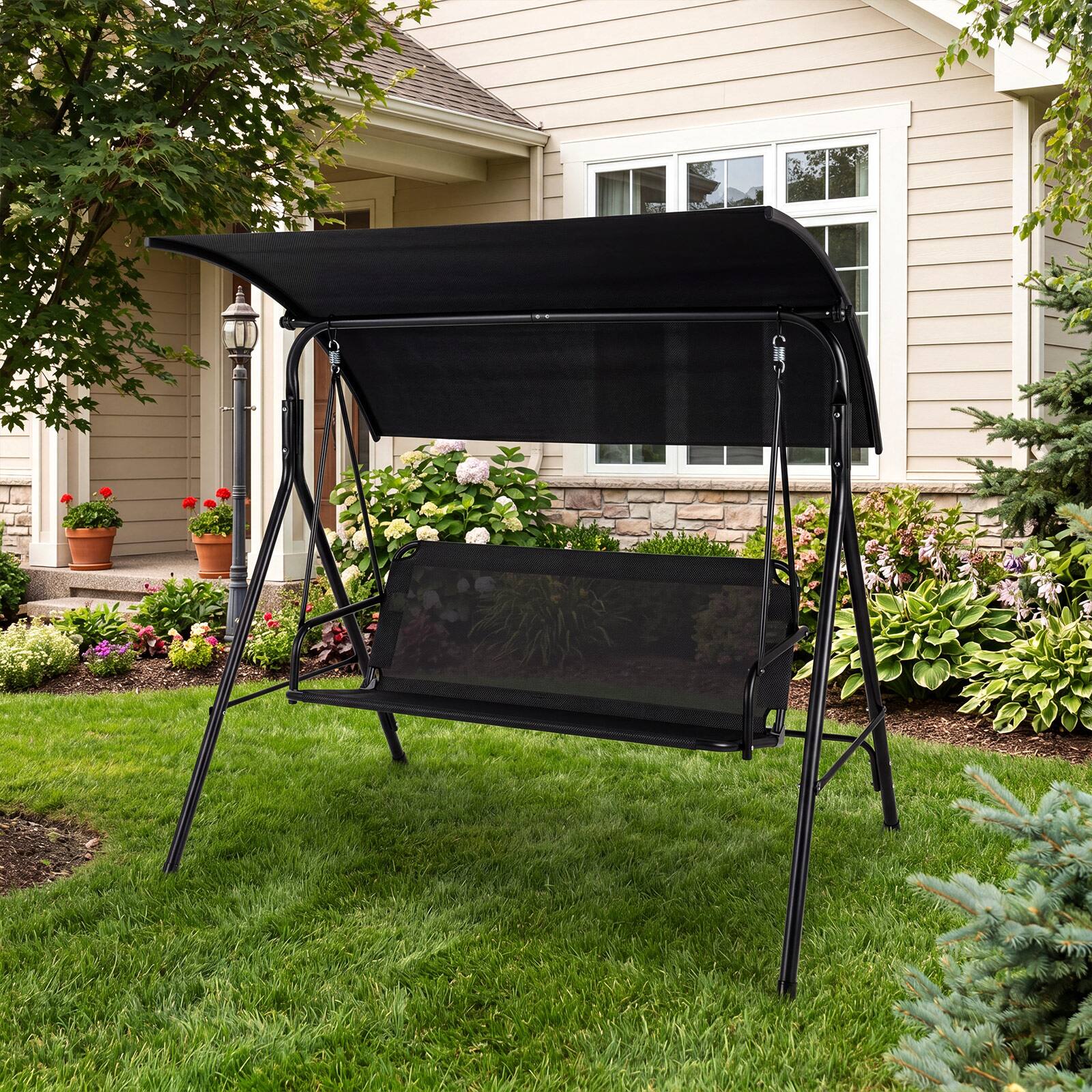 Alt View 5. Costway - Costway 3-Seat Patio Swing Chair with Adjustable Canopy, 800 lbs Heavy-Duty Metal Frame - Black.