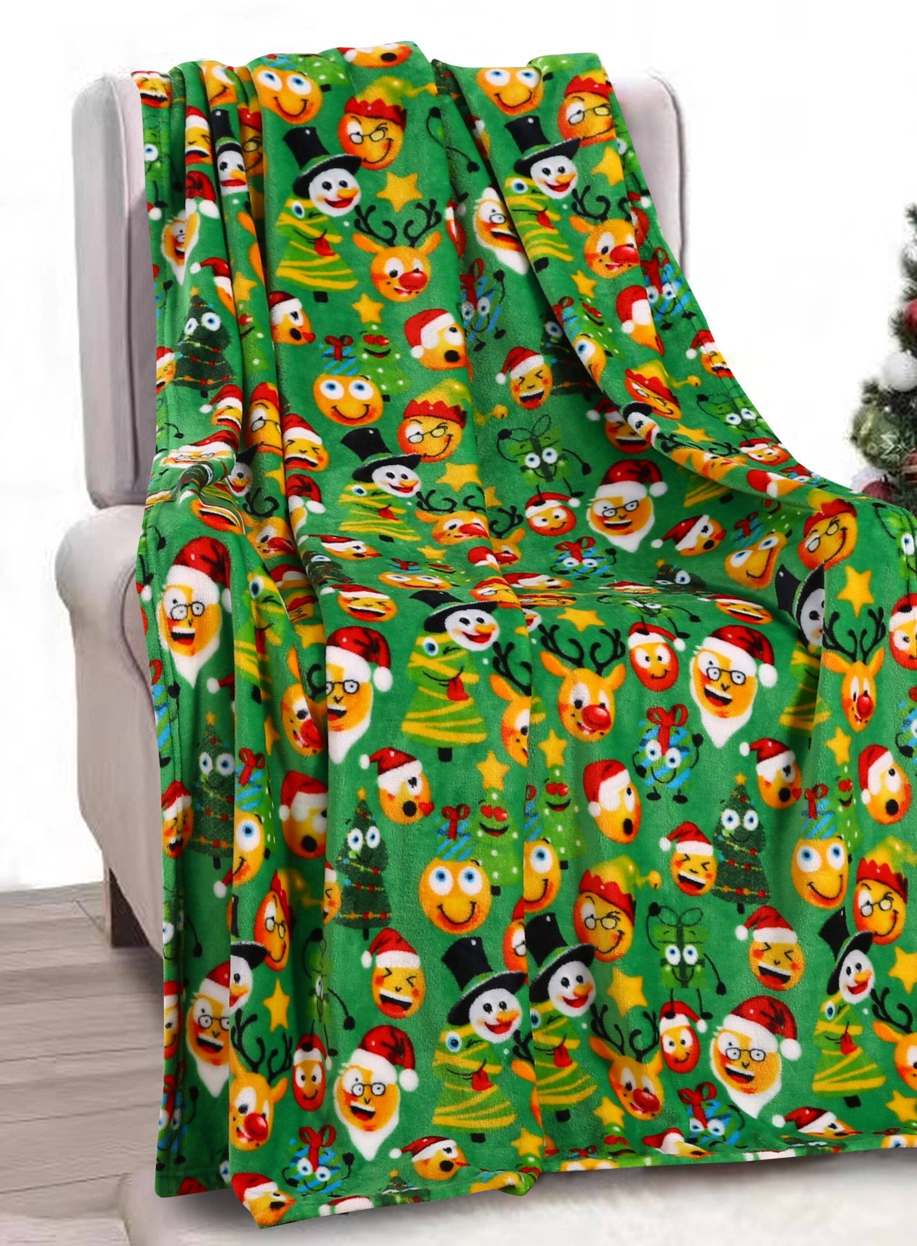 Front. Noble House - Christmas  Festive and Cheery Holiday Super Soft Ultra Comfy Microplush Throw Blanket 50"x60" Green Funny Faces - GFF.