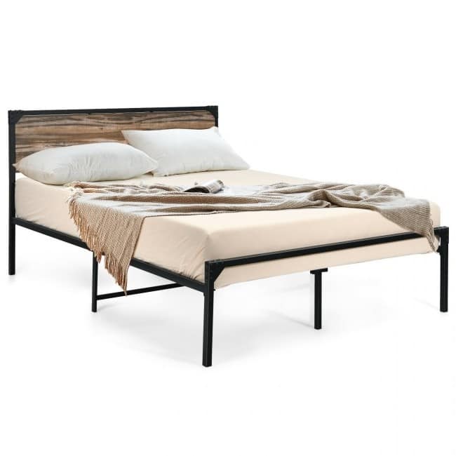 Hivvago - FarmHome Metal Wood Platform Bed Frame in Queen Size - Black