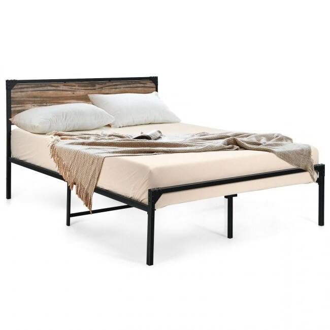 Angle. Hivvago - Hivvago Rustic FarmHome Metal Wood Platform Bed Frame in Full Size - Black.