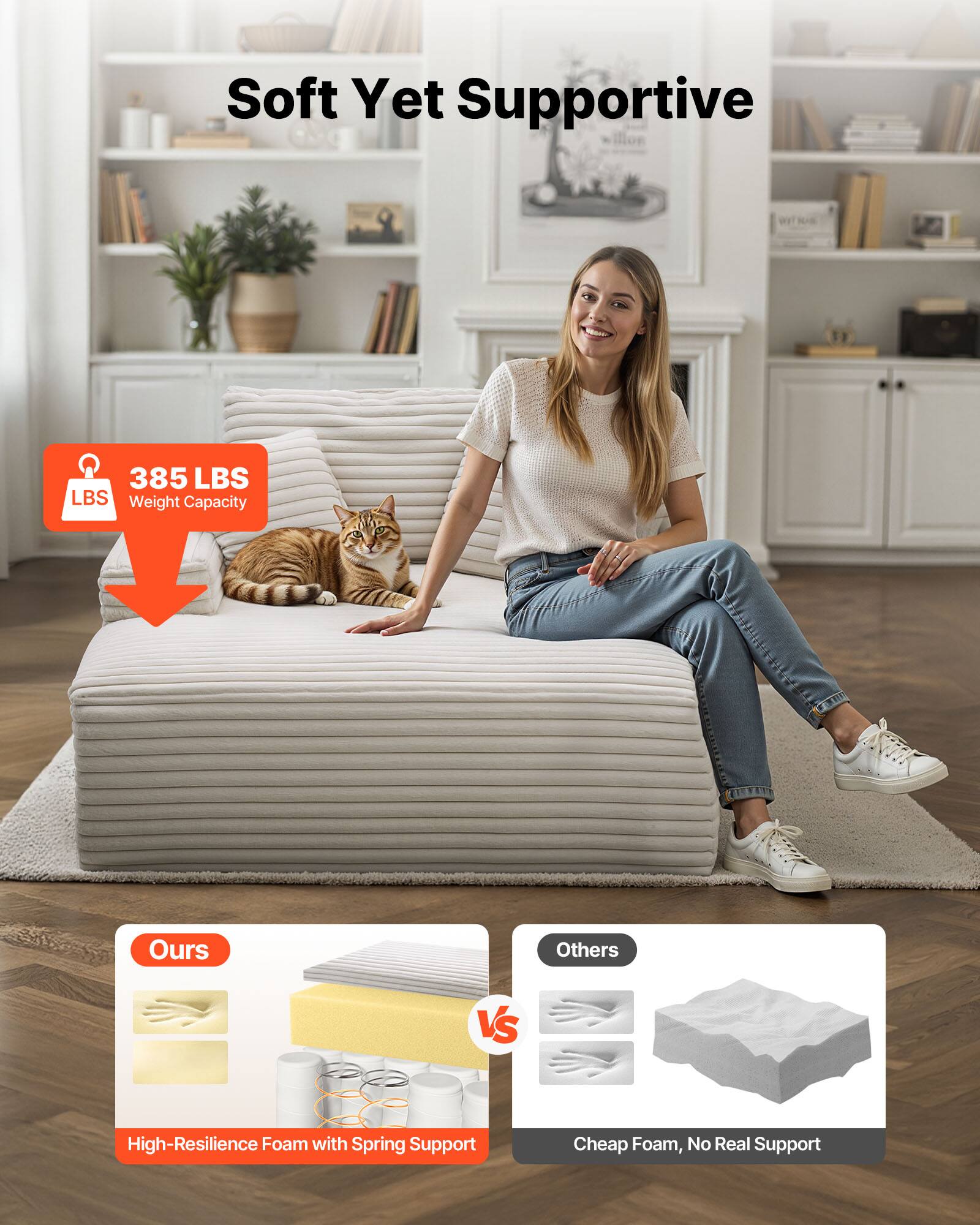 Soft Yet Supportive

385 LBS Weight Capacity

Ours vs Others

Ours
High-Resilience Foam with Spring Support

Others
Cheap Foam, No Real Support