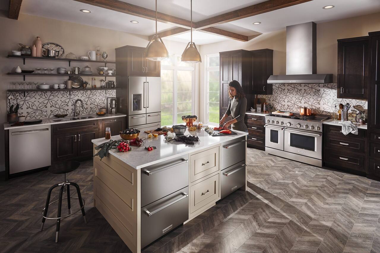 Left. KitchenAid - 4.29 Cu. Ft. Built-In Mini Fridge with Double-Drawer Refrigerator/Freezer - Stainless Steel.