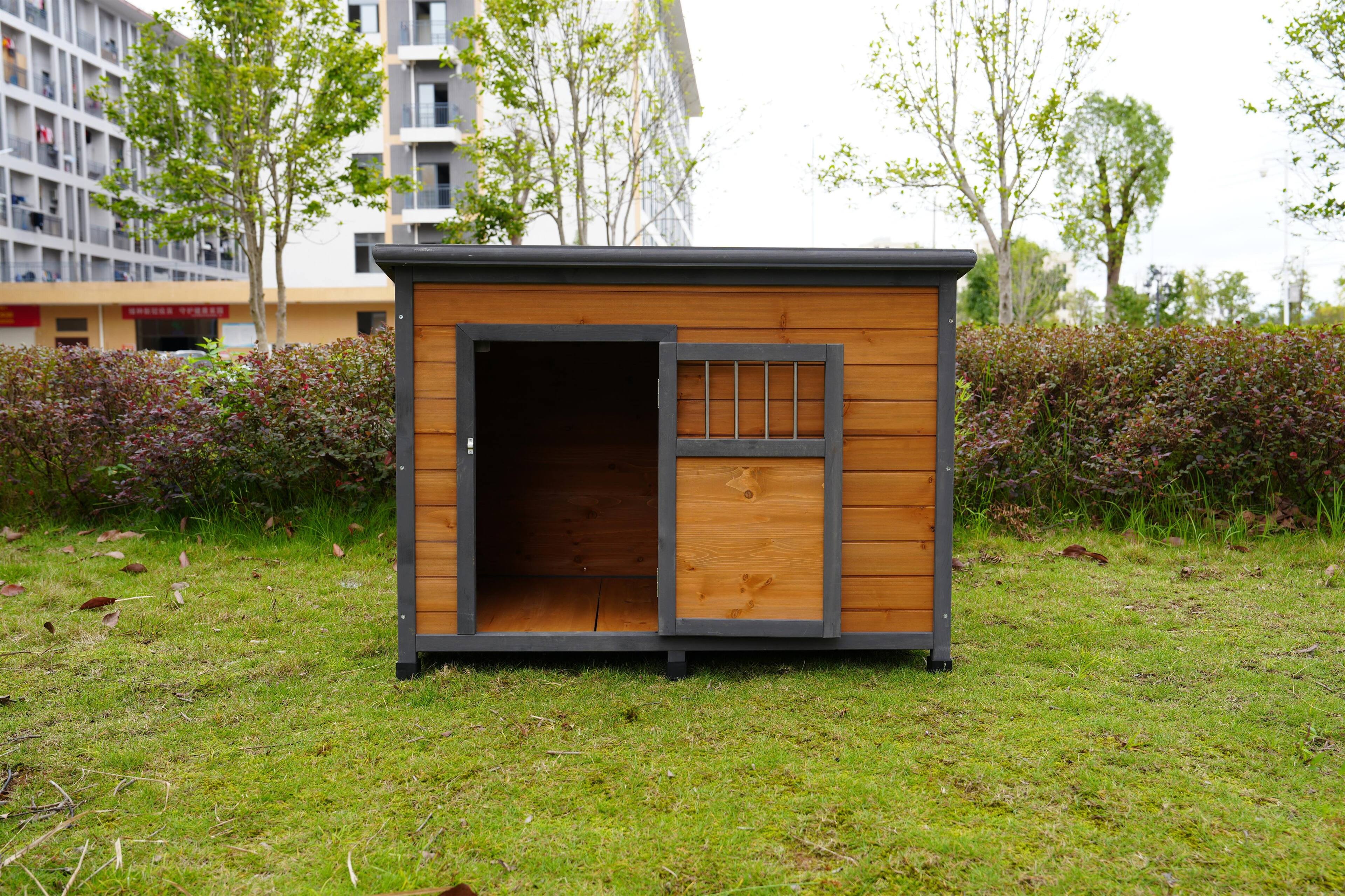 Alt View 6. Siljoy - 45" Solid Wood Dog House, Large PVC Waterproof Roof & Lockable Door, Elevated Floor for Big Dogs.