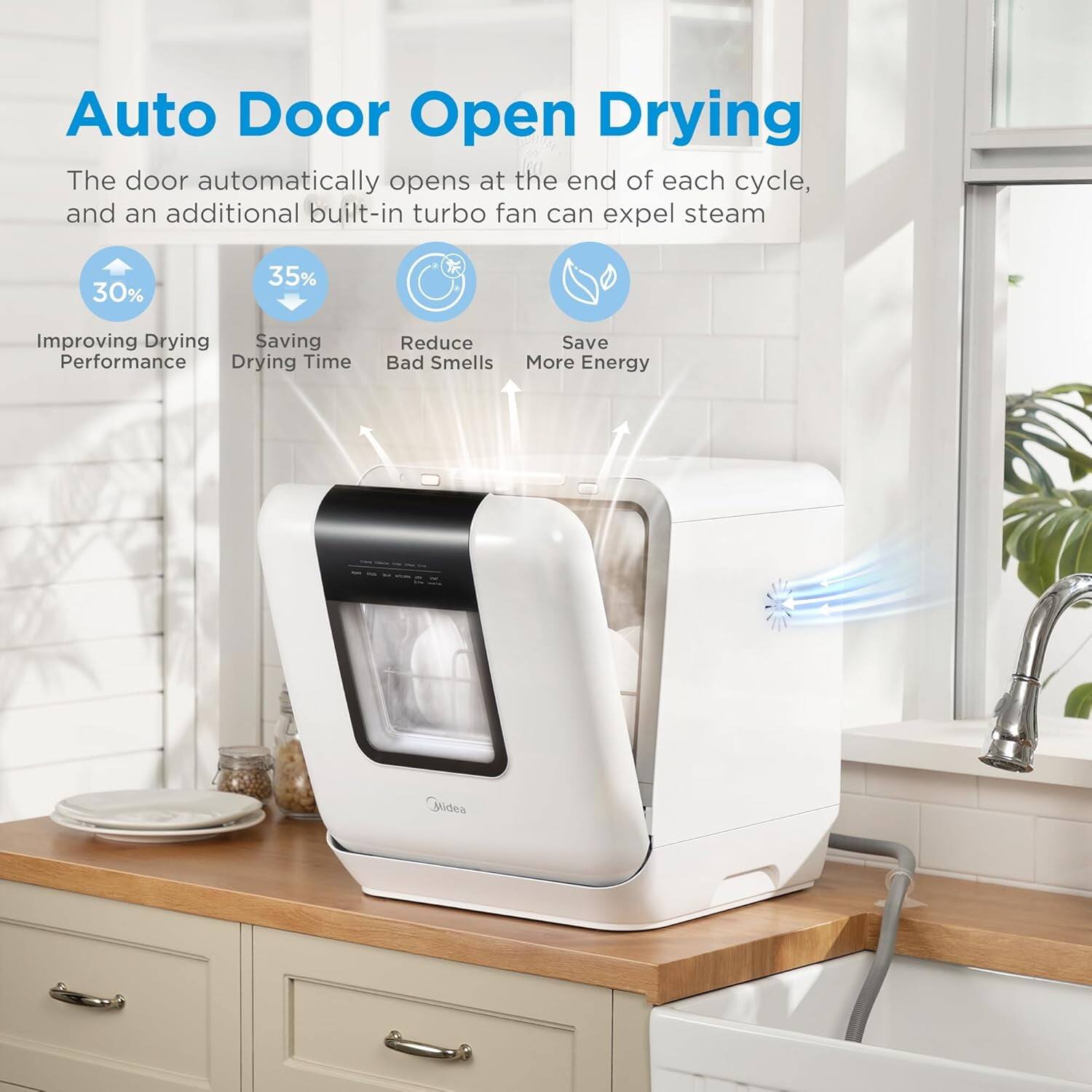 Auto Door Open Drying

The door automatically opens at the end of each cycle, and an additional built-in turbo fan can expel steam.

- 30% Improving Drying Performance
- 35% Saving Drying Time
- Reduce Bad Smells
- Save More Energy