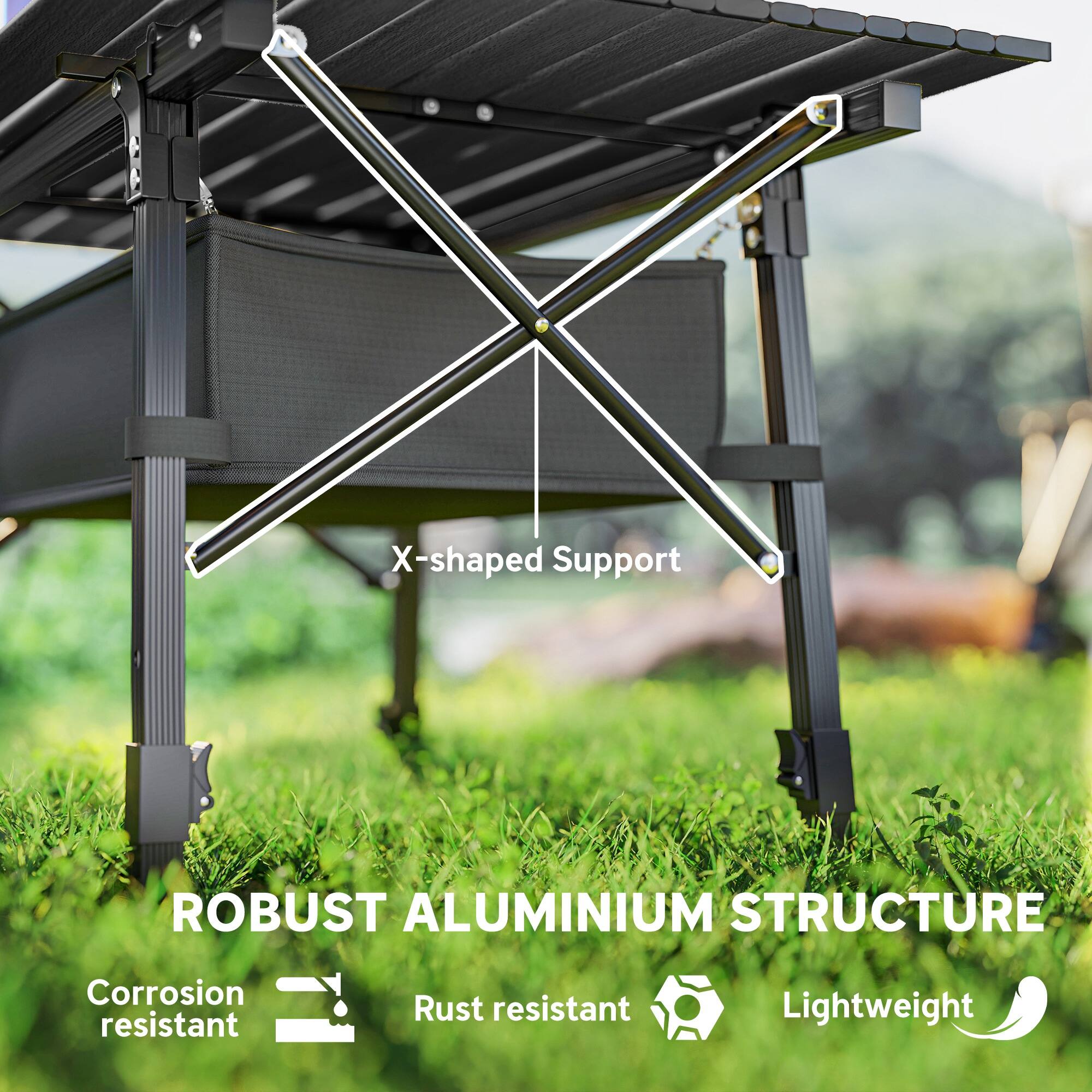 X-shaped Support, ROBUST ALUMINIUM STRUCTURE, Corrosion resistant, Rust resistant, Lightweight