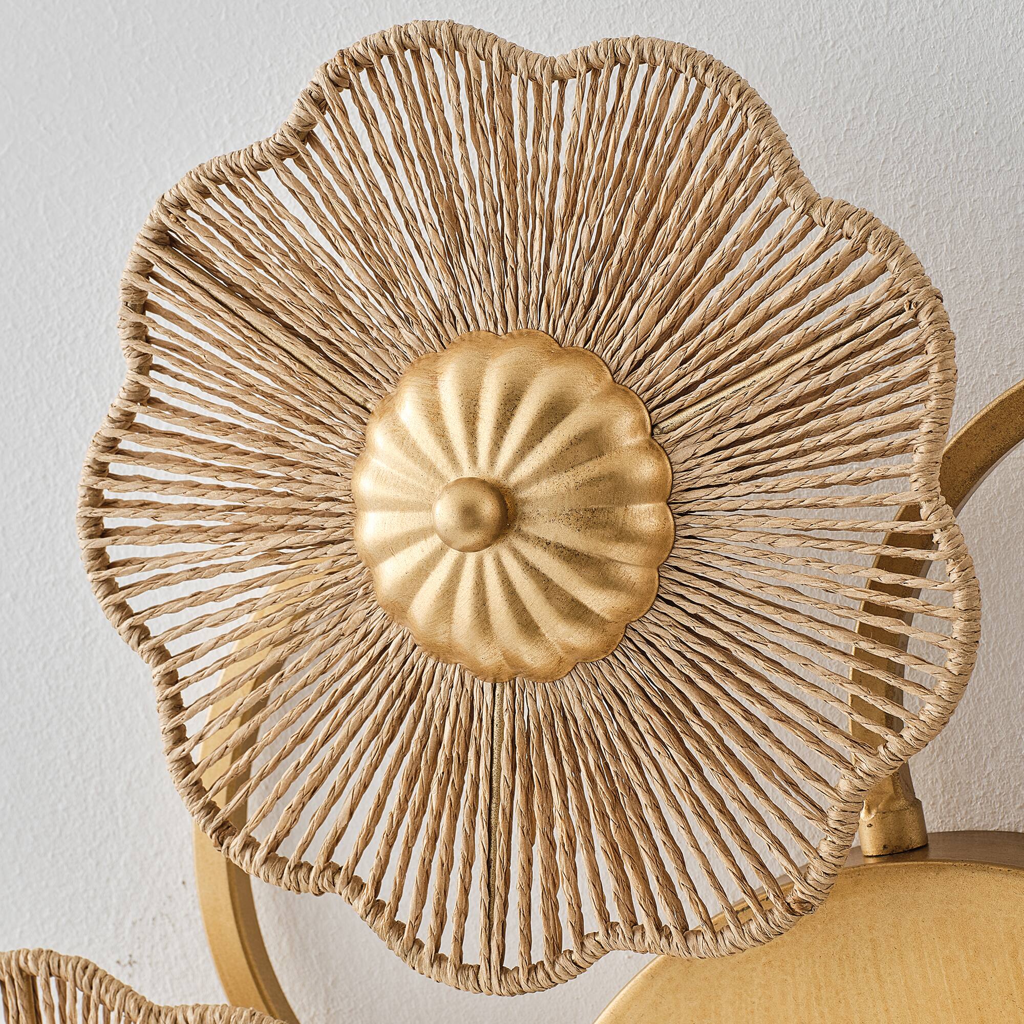 Alt View 8. Parrot Uncle - Antique Gold Modern Farmhouse Hand-Woven Raffia Rope Five Flower-Shaped Frosted Globe LED Wall Lamp Ceiling Light - Gold.