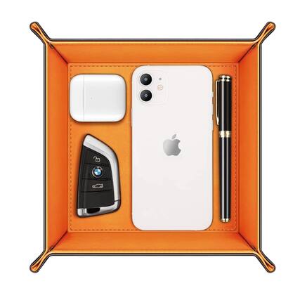 Front. Stock Preferred - Valet Tray PU Leather Desktop Storage Organizer - Orange.