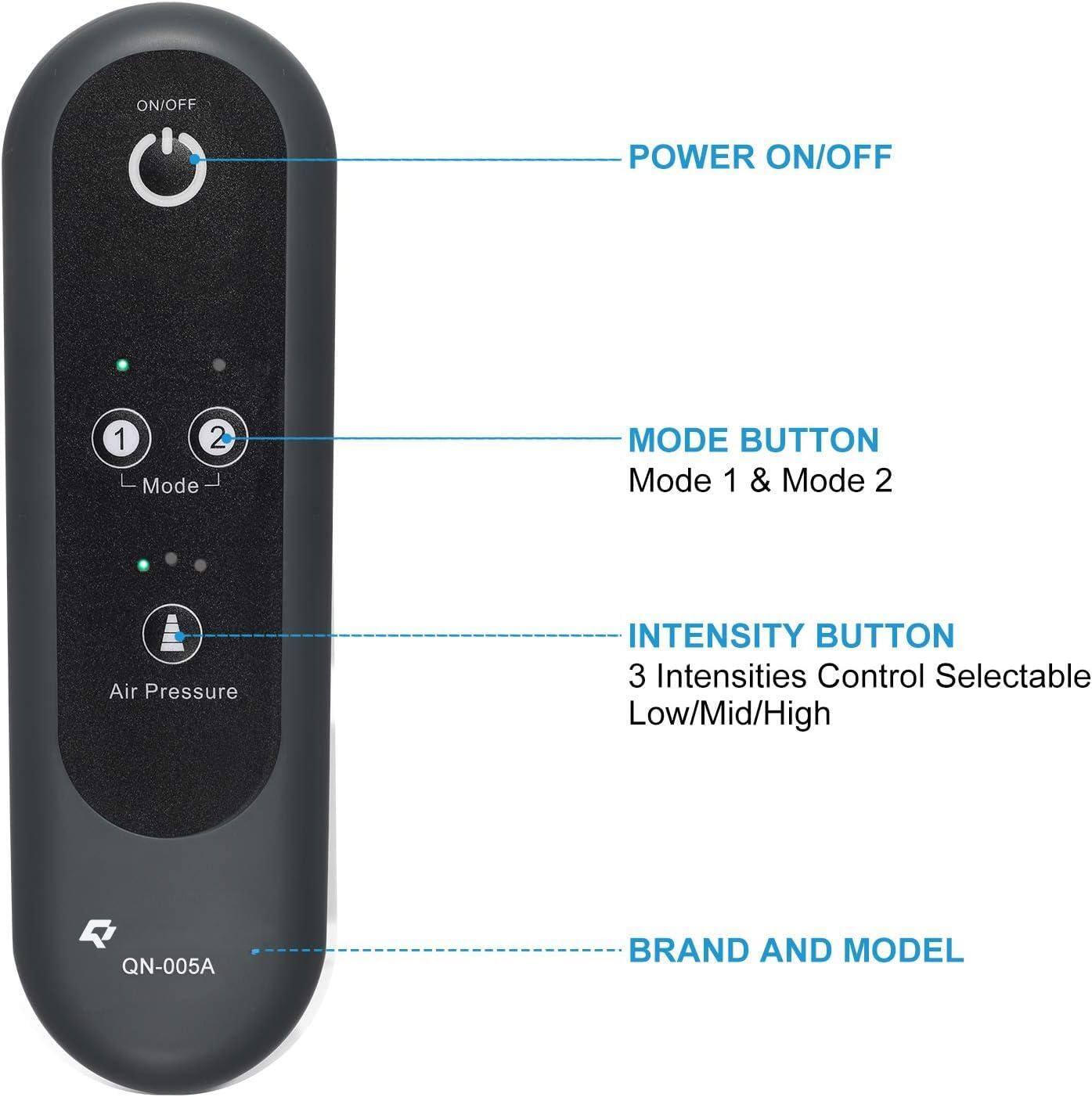 - POWER ON/OFF
- MODE BUTTON
  - Mode 1 & Mode 2
- INTENSITY BUTTON
  - 3 Intensities Control Selectable
  - Low/Mid/High
- BRAND AND MODEL
  - QN-005A