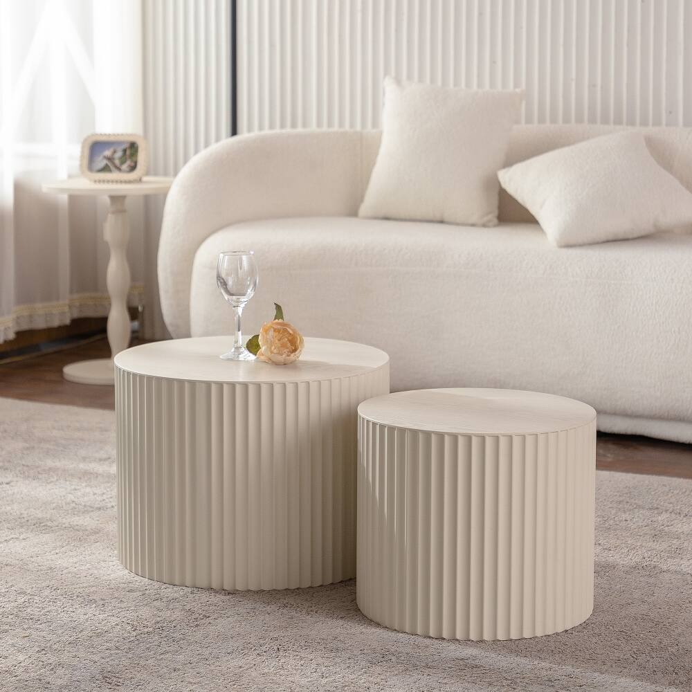 Angle. Loheer - Loheer Beige Nesting Coffee Table Set of 2 Modern Drum Side Table Wave Stripe Round End Table for Living Room - Beige.