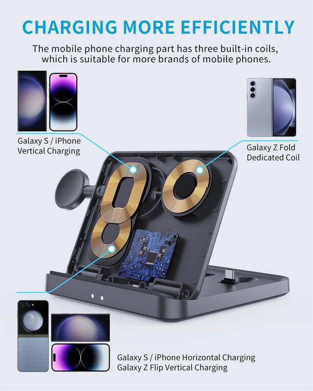 CHARGING MORE EFFICIENTLY

The mobile phone charging part has three built-in coils, which is suitable for more brands of mobile phones.

- Galaxy S / iPhone Vertical Charging
- Galaxy Z Fold Dedicated Coil
- Galaxy S / iPhone Horizontal Charging
- Galaxy Z Flip Vertical Charging