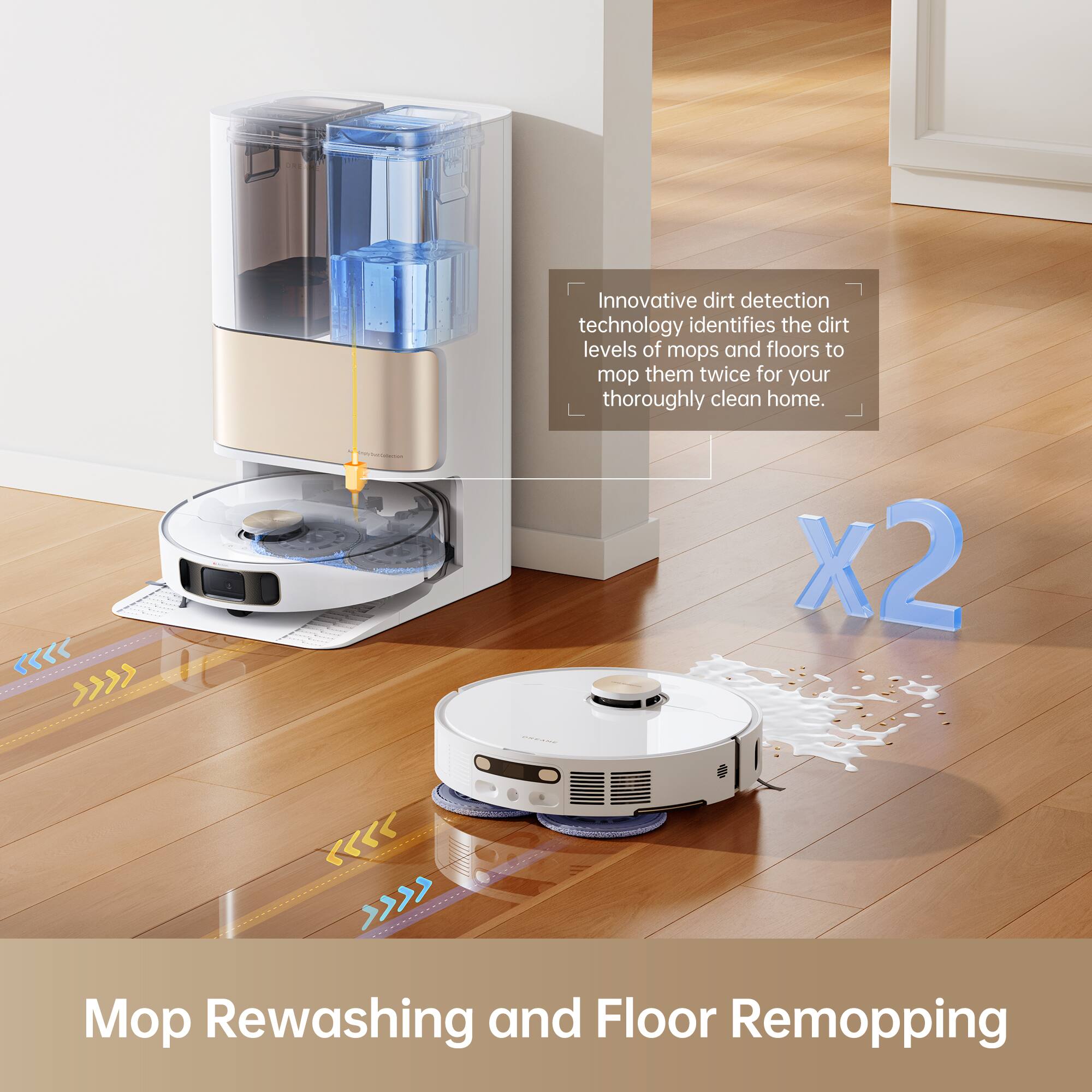 Innovative dirt detection technology identifies the dirt levels of mops and floors to mop them twice for your thoroughly clean home.

Mop Rewashing and Floor Remopping