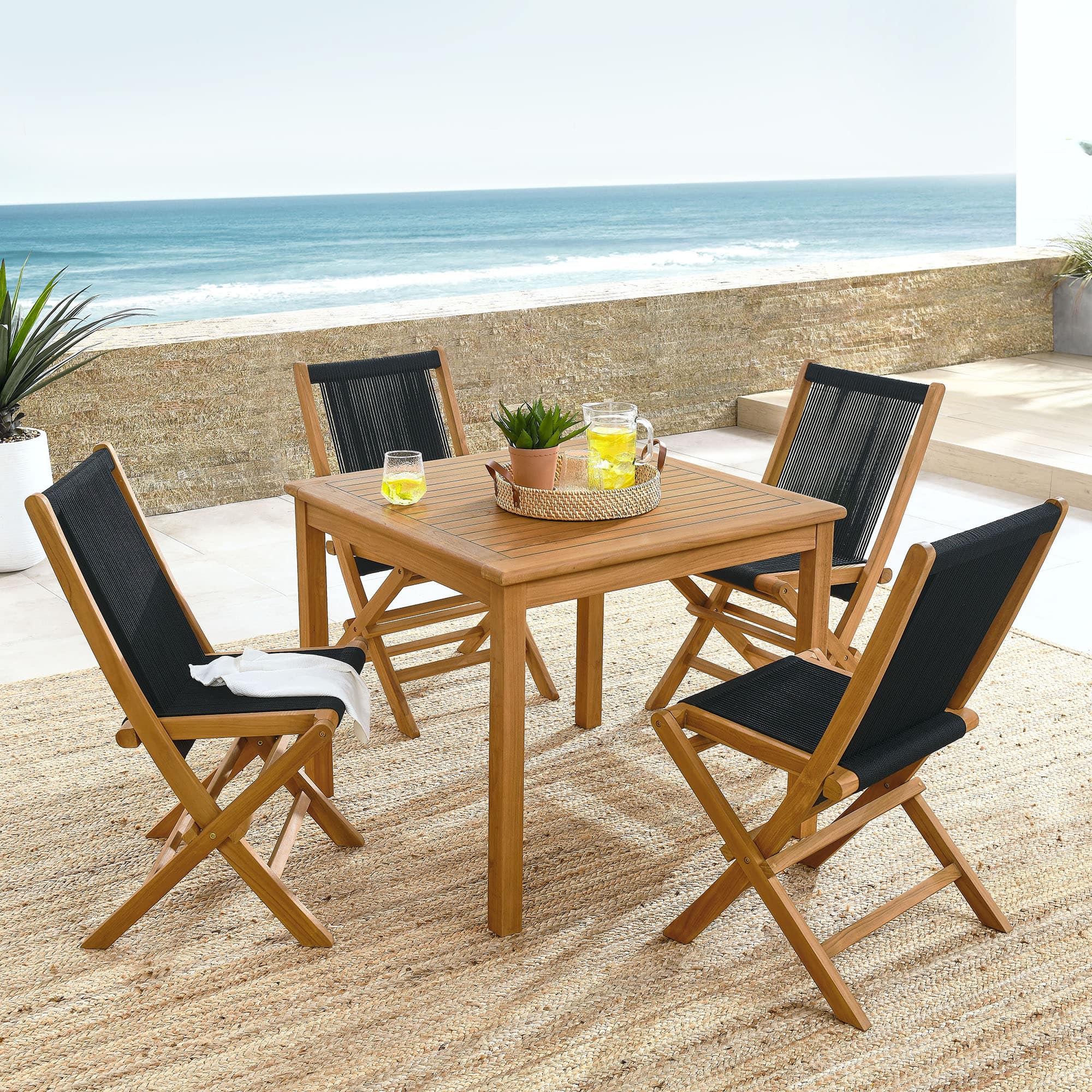 Vienna 5-Piece Outdoor Patio Teak Wood Dining Set with Rope Folding Chairs by Modway - Natural Black