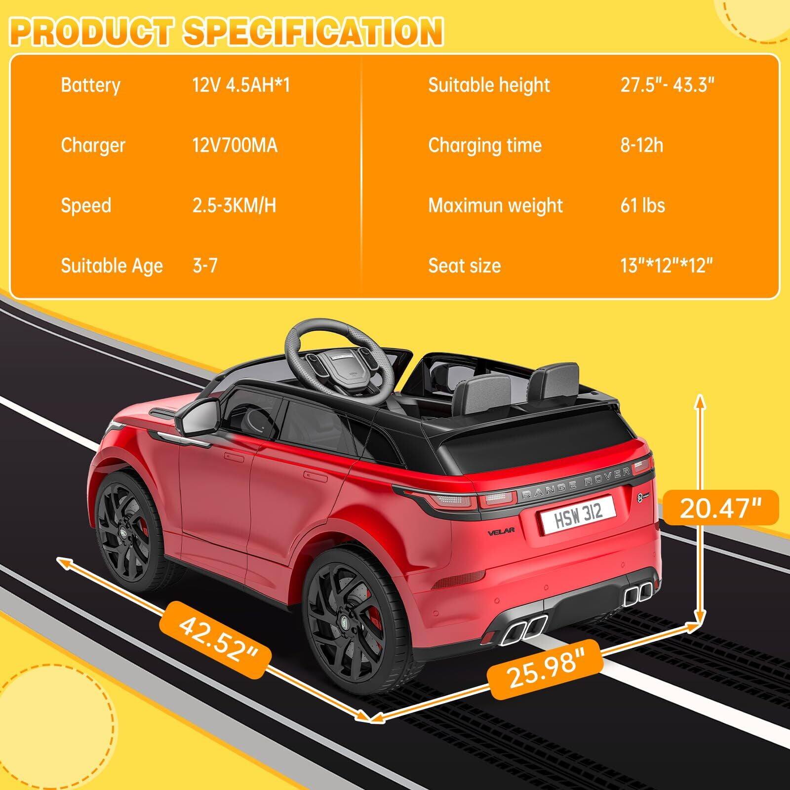 **PRODUCT SPECIFICATION**

- **Battery:** 12V 4.5AH*1
- **Charger:** 12V700MA
- **Speed:** 2.5-3KM/H
- **Suitable Age:** 3-7
- **Suitable height:** 27.5"- 43.3"
- **Charging time:** 8-12h
- **Maximum weight:** 61 lbs
- **Seat size:** 13"*12"*12"

**Dimensions:**
- **Length:** 42.52"
- **Width:** 20.47"
- **Height:** 25.98"