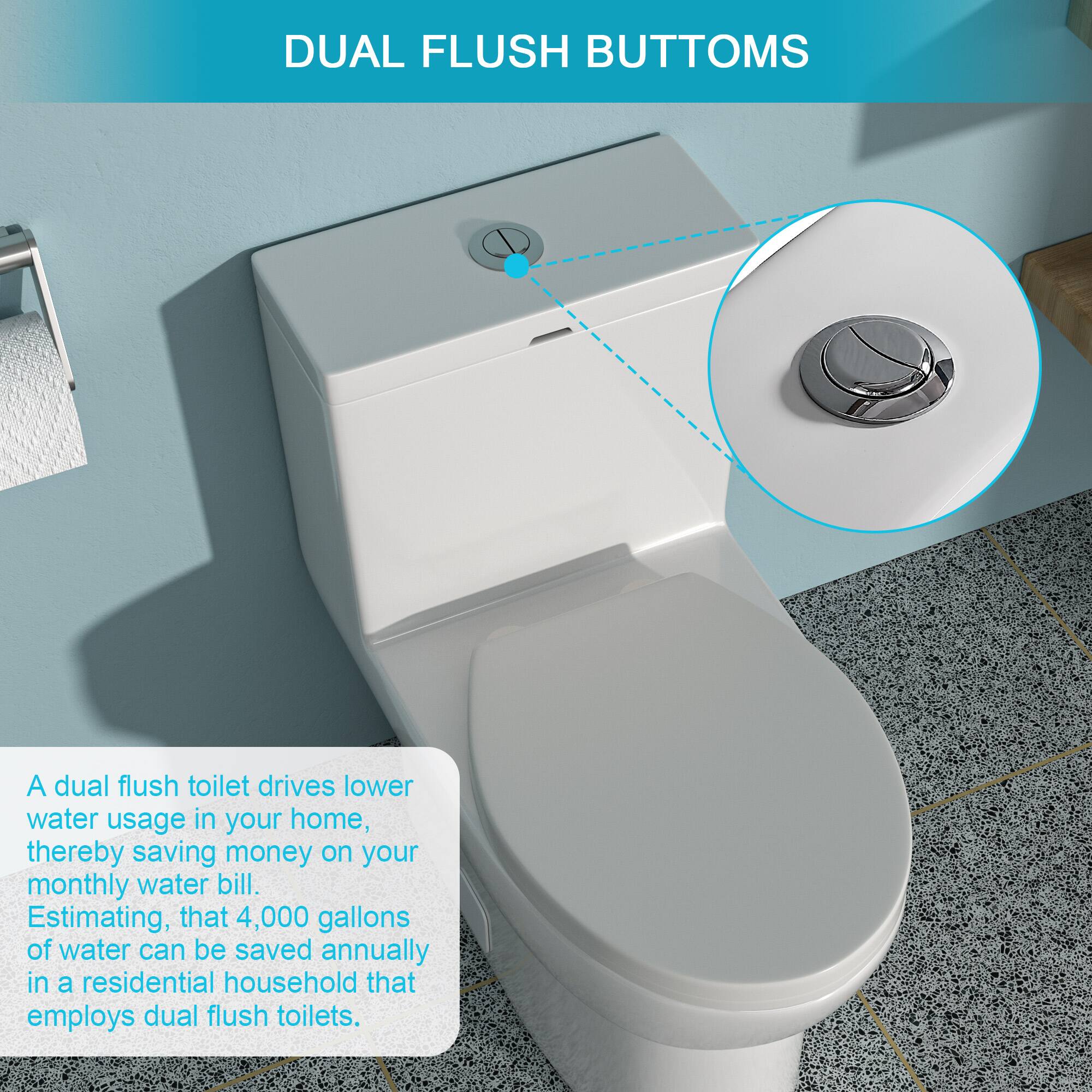 DUAL FLUSH BUTTONS

A dual flush toilet drives lower water usage in your home, thereby saving money on your monthly water bill. Estimating, that 4,000 gallons of water can be saved annually in a residential household that employs dual flush toilets.