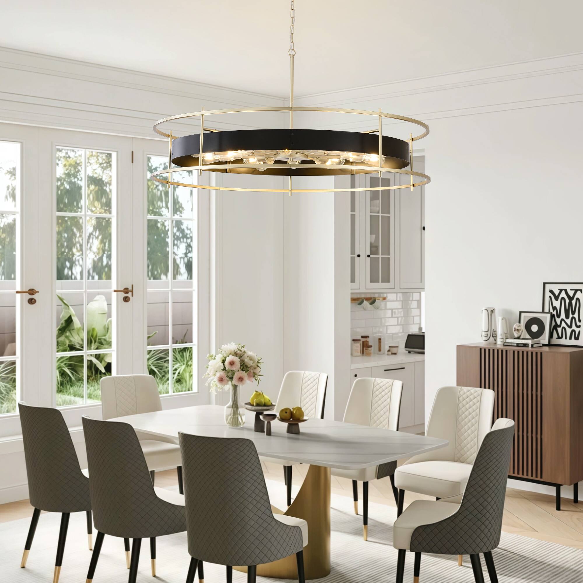 Left. RYHNUYNE - Modern Black and Gold 16-Light Chandelier - 48 Inch Round Adjustable Pendant Light for Dining Room, Living Room, Foyer.