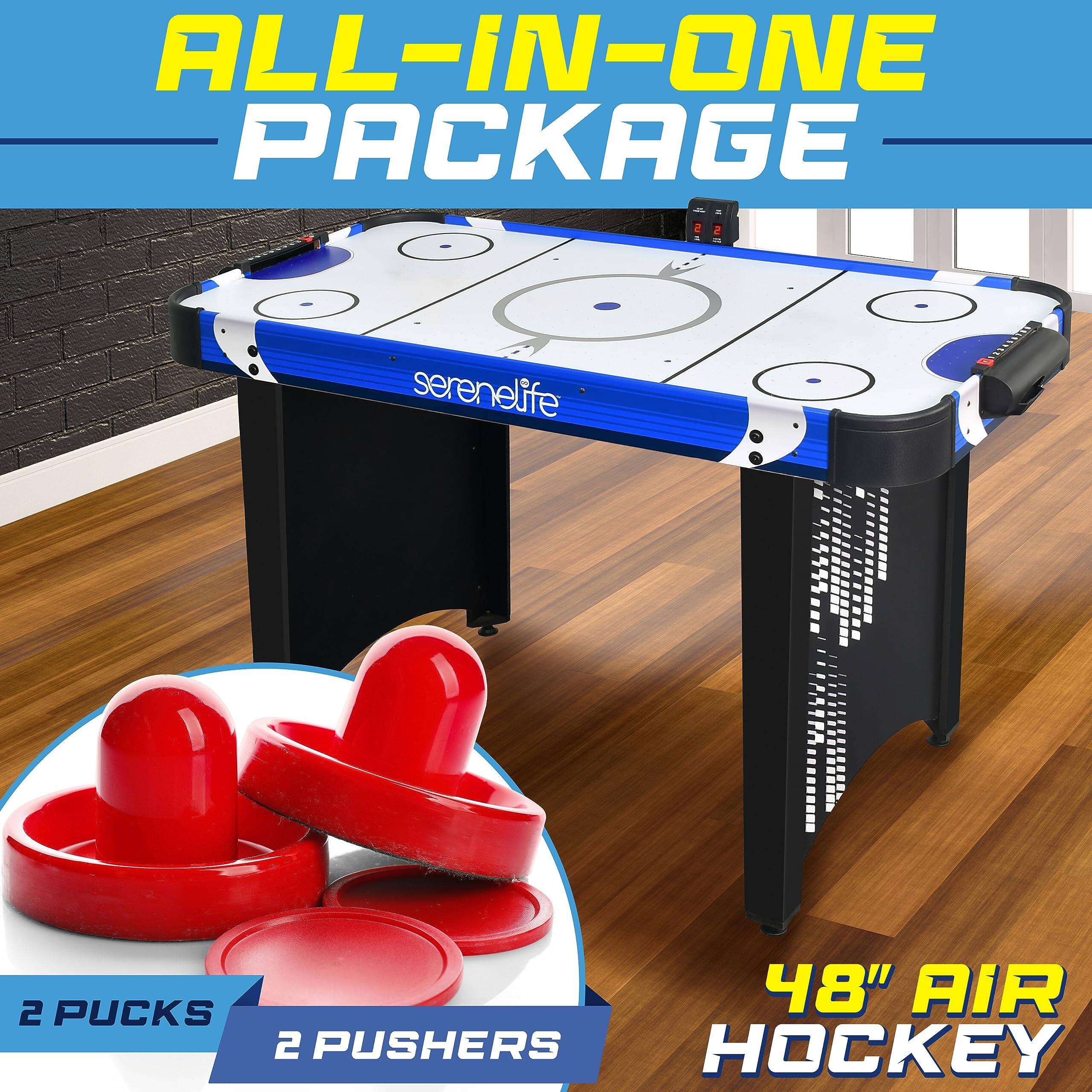 ALL-IN-ONE PACKAGE  
serenelife  
2 PUCKS  
48" AIR HOCKEY  
2 PUSHERS