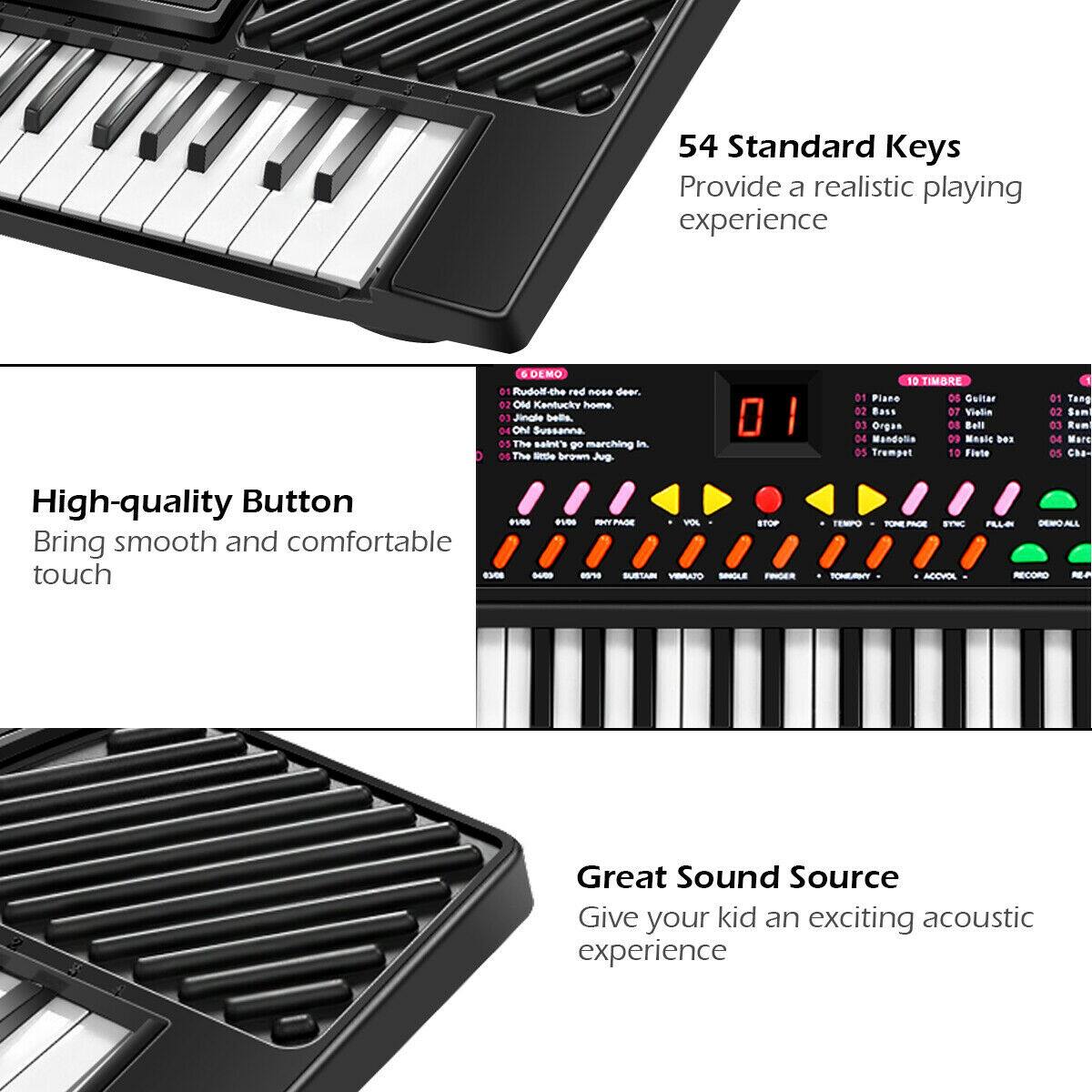 The text on the image can be grouped and corrected as follows:
1. 54 Standard Keys: Provide a realistic playing experience.
2. High-quality Button: Bring smooth and comfortable touch.
3. Great Sound Source: Give your kid an exciting acoustic experience.