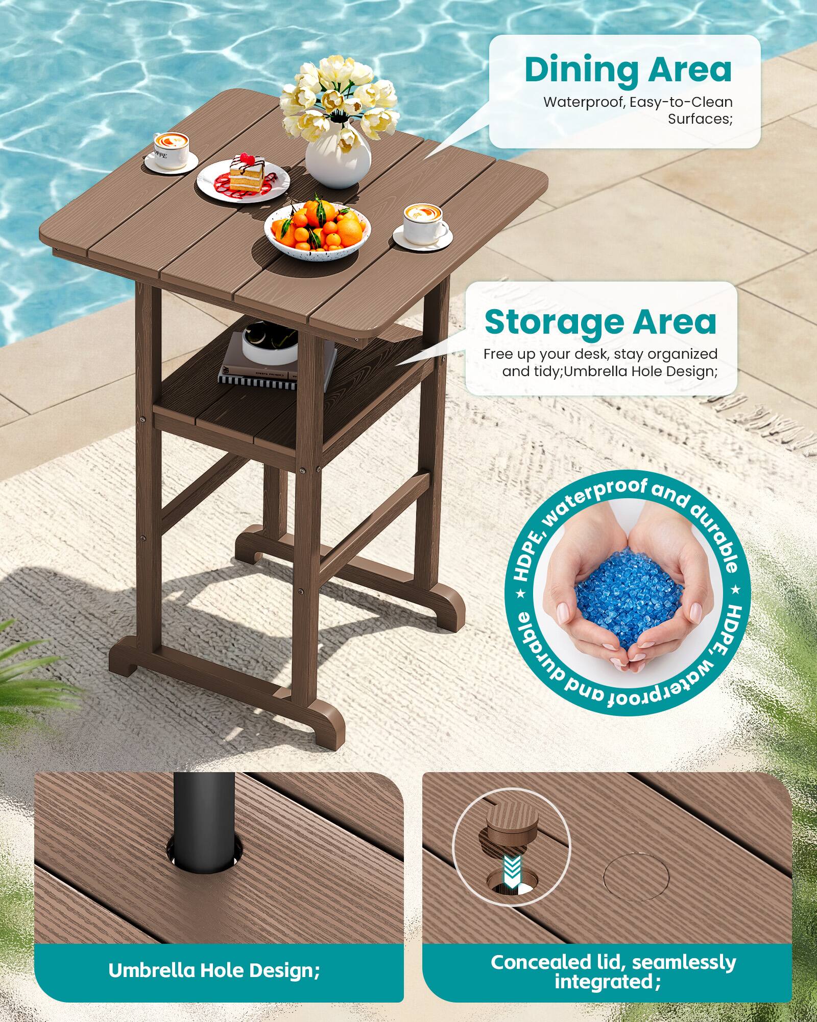 Dining Area: Waterproof, Easy-to-Clean Surfaces;

Storage Area: Free up your desk, stay organized and tidy; Umbrella Hole Design;

waterproof and HDPE, durable HDPE, and waterproof

Umbrella Hole Design;

Concealed lid, seamlessly integrated;