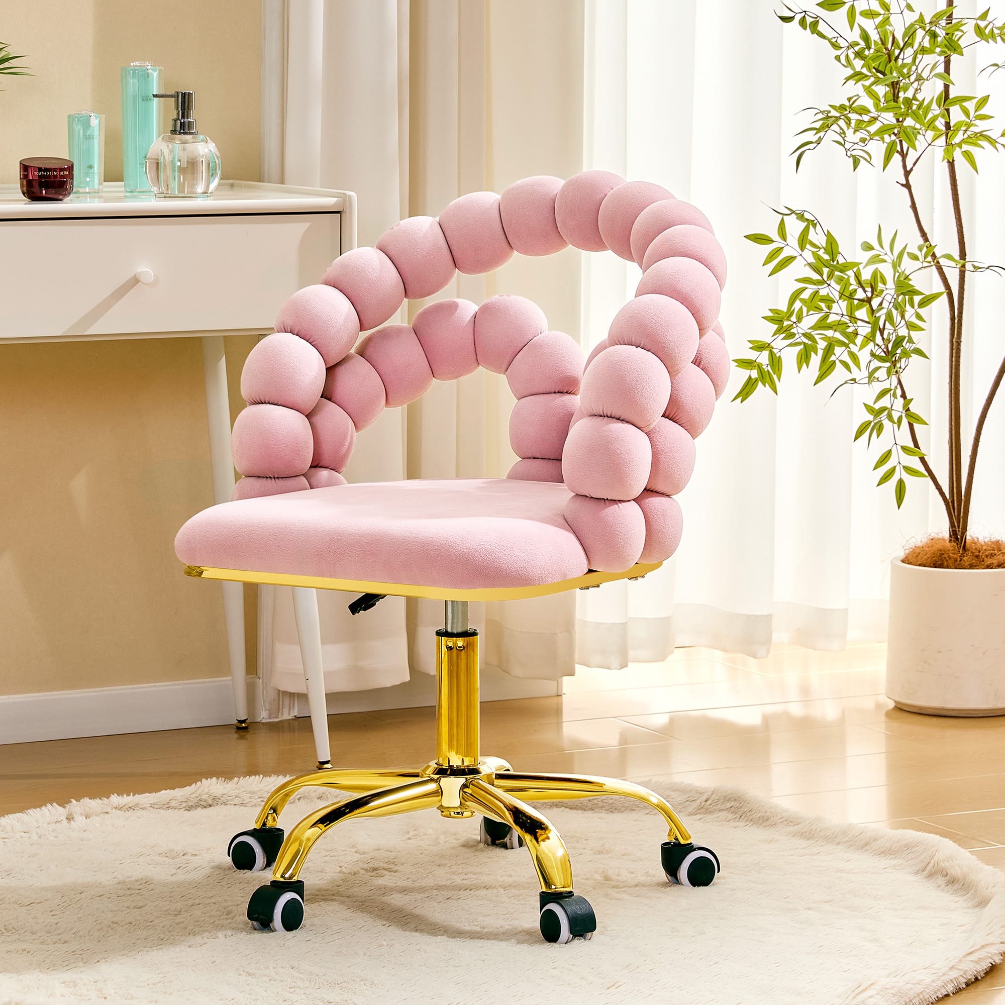 Loheer - Loheer- Vanity Chair Pink Velvet Bubble Swivel Rolling Makeup Chair for Bedroom Home Office with Gold Base 2 ft - Gold,Pink