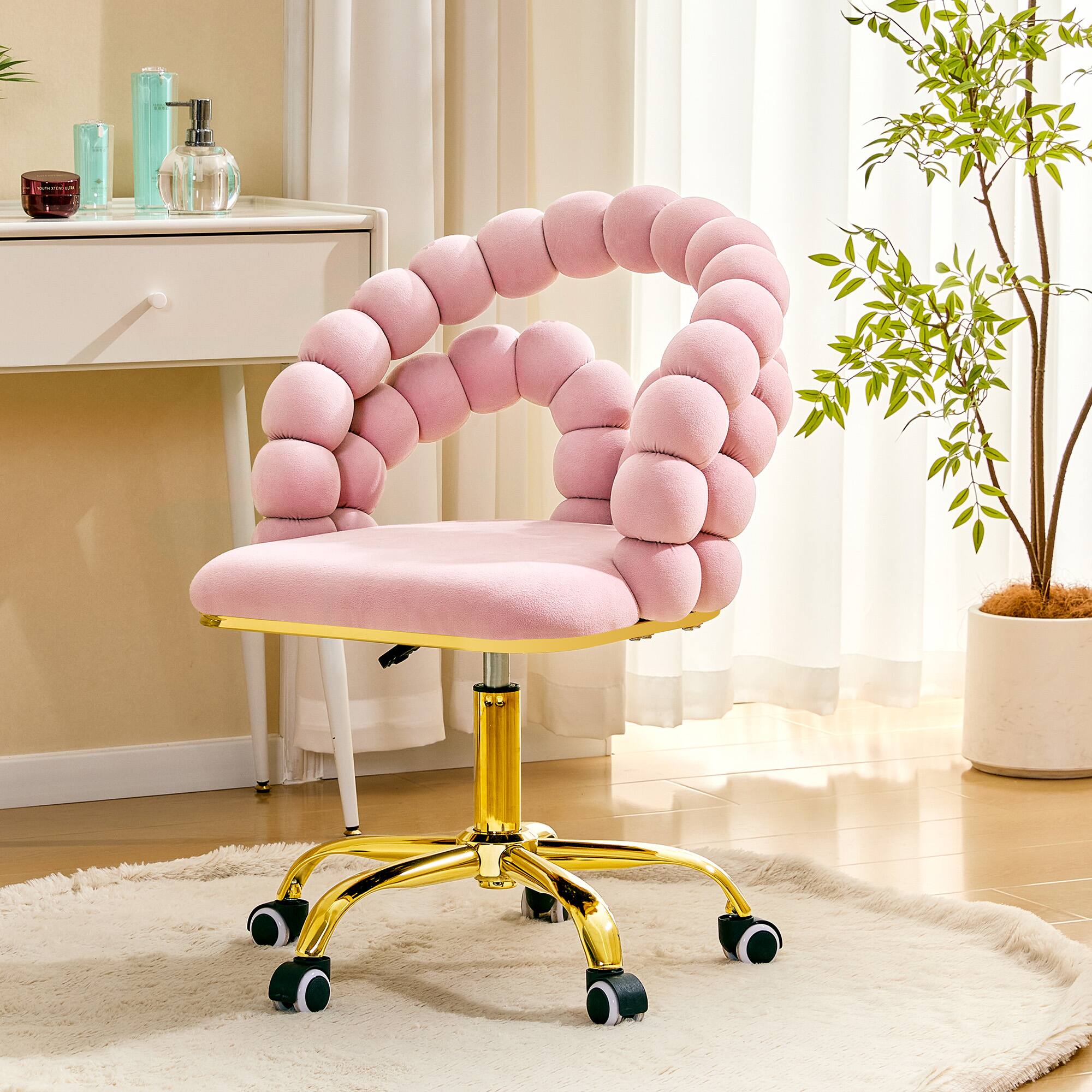 Front. Loheer - Loheer- Vanity Chair Pink Velvet Bubble Swivel Rolling Makeup Chair for Bedroom Home Office with Gold Base 2 ft - Gold,Pink.