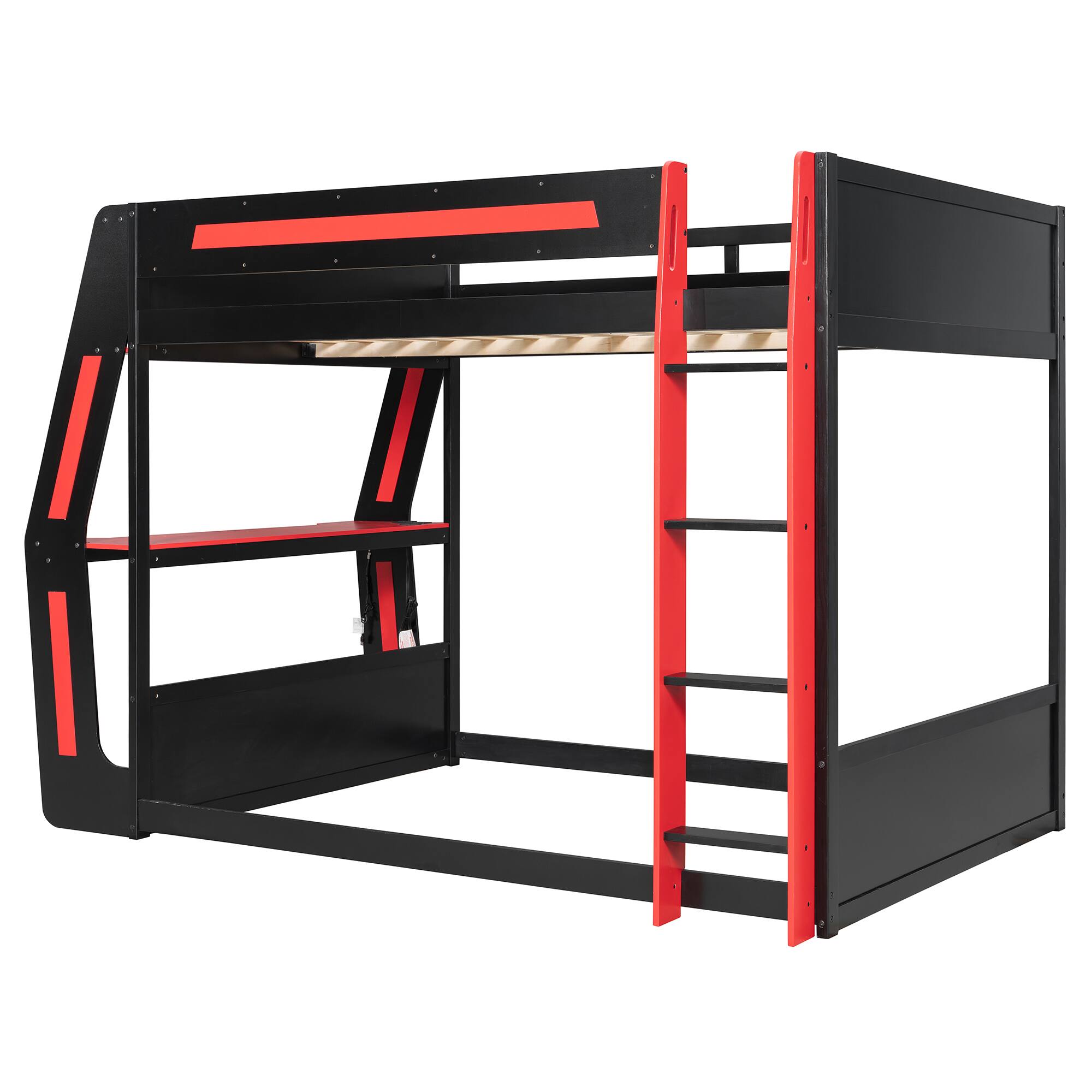Angle. Whisen - Full Size Gaming Bunk Bed with RGB Desk,USB Ports and Cable Management - Red.