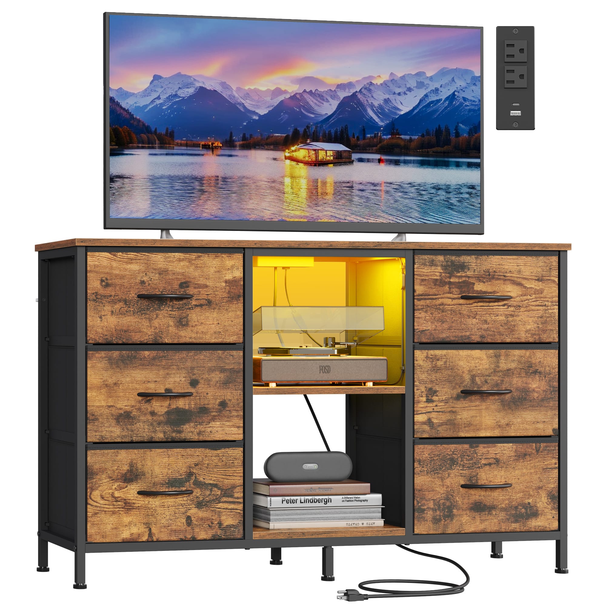 Songmics Home - TV Stand for TVs Up to 55 Inches, Dresser for Bedroom, Living Room, Chest of Drawers, Steel, 6 Drawers and 2 Shelves - Rustic Brown