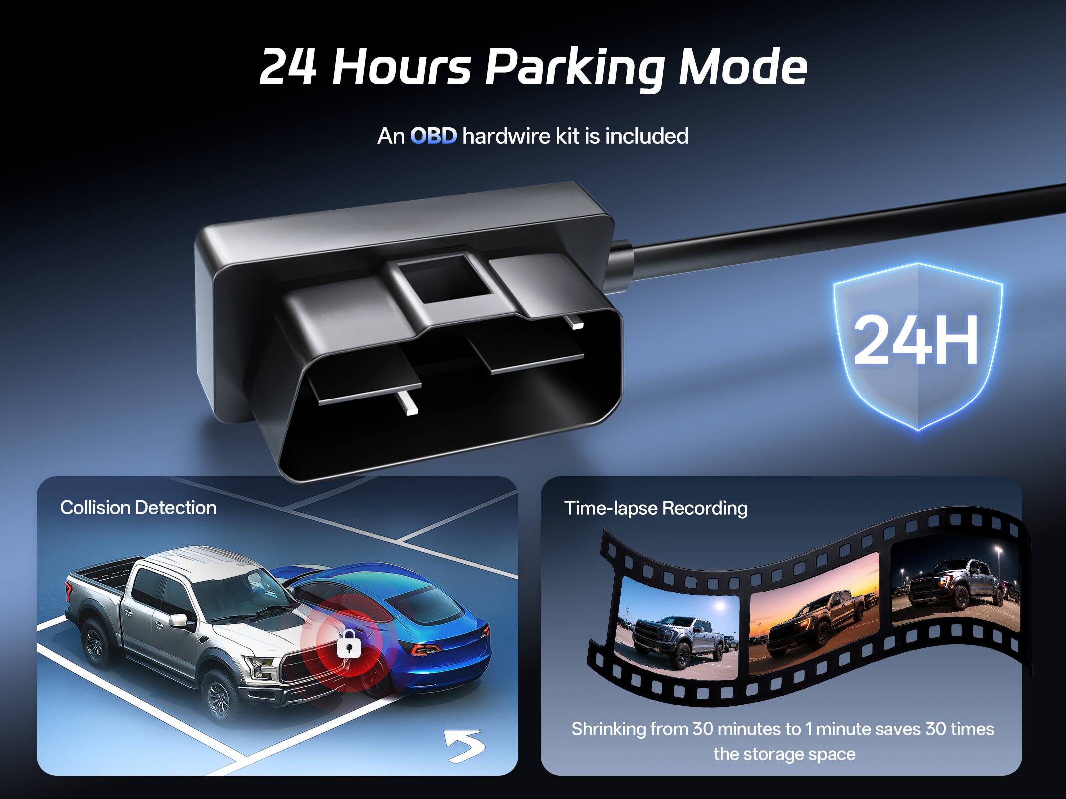24 Hours Parking Mode  
An OBD hardwire kit is included  

24H Collision Detection  
Time-lapse Recording  

Shrinking from 30 minutes to 1 minute saves 30 times the storage space