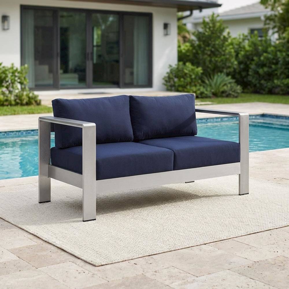 Left. Outdoor Escape - Aluminum Outdoor Loveseat with Fabric Cushions for Patio Comfort - Silver.