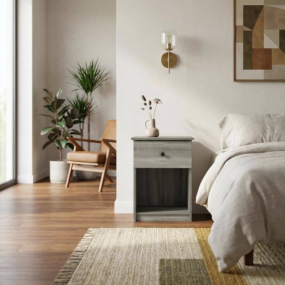 Left. FurniFact - Nightstand with Grey Finish and Wood Construction for Bedroom Storage - French Oak Grey.