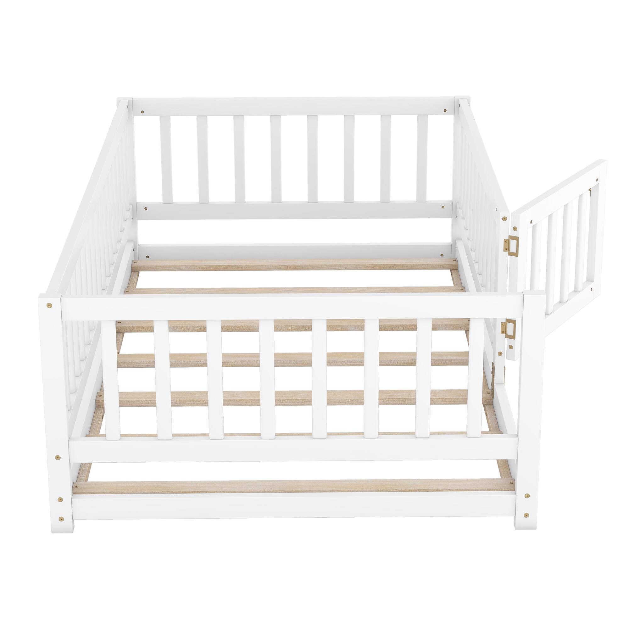 Alt View 4. GOODSILO - Twin Size Montessori Floor Bed with Fence and Door, Wood Bed Frame for Kids, Boys & Girls - White.